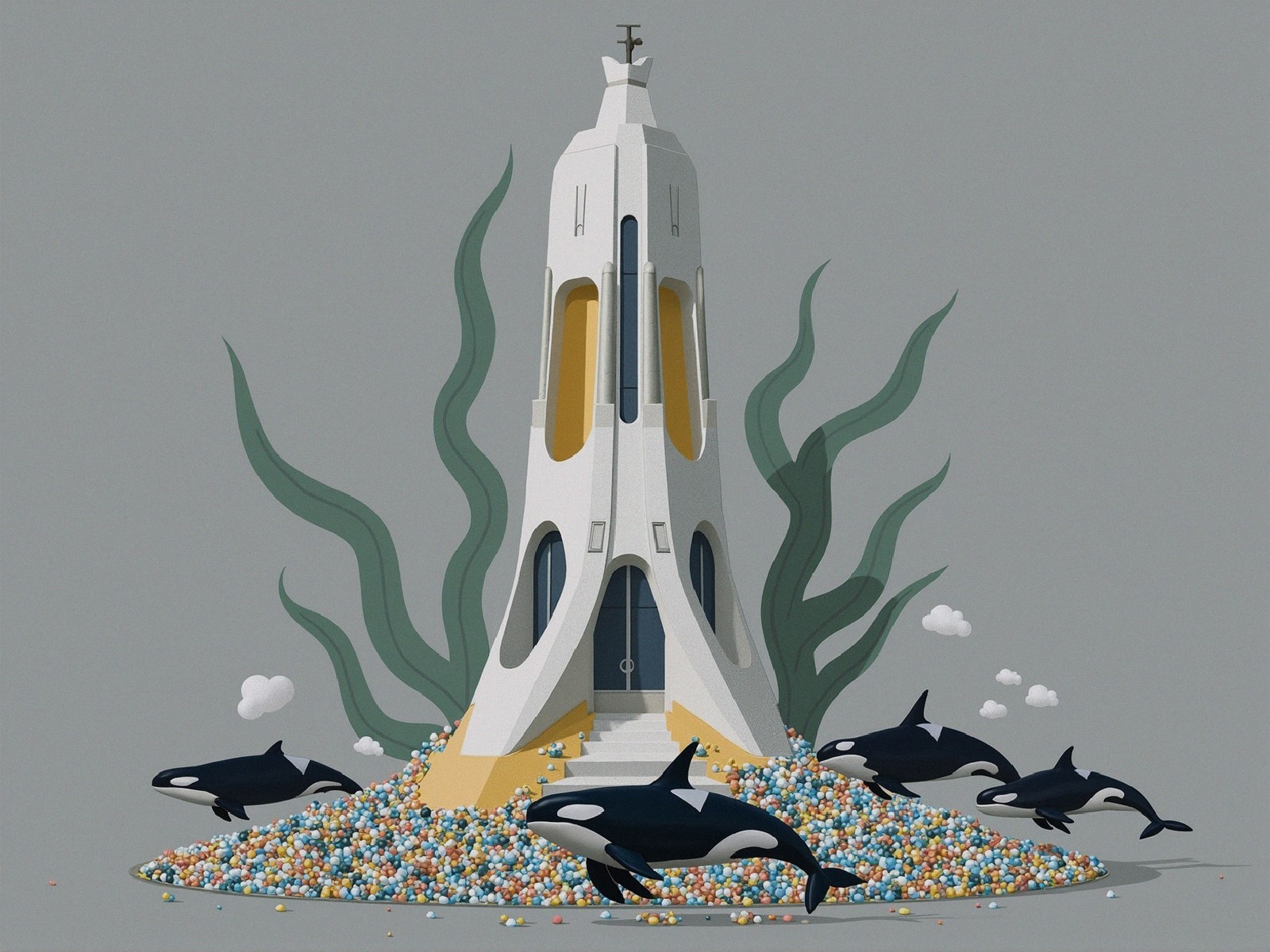 Futuristic Structure Amid Colorful Marine Life and Spheres