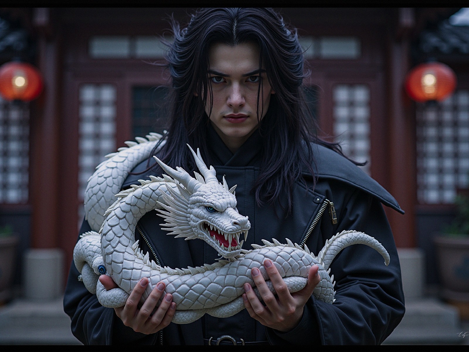 Young man with dragon statue by traditional building