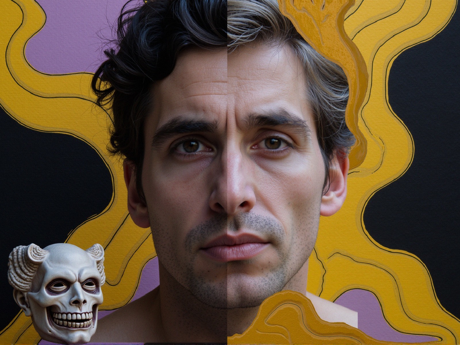 Man's Face in Realistic and Abstract Contrast with Skull