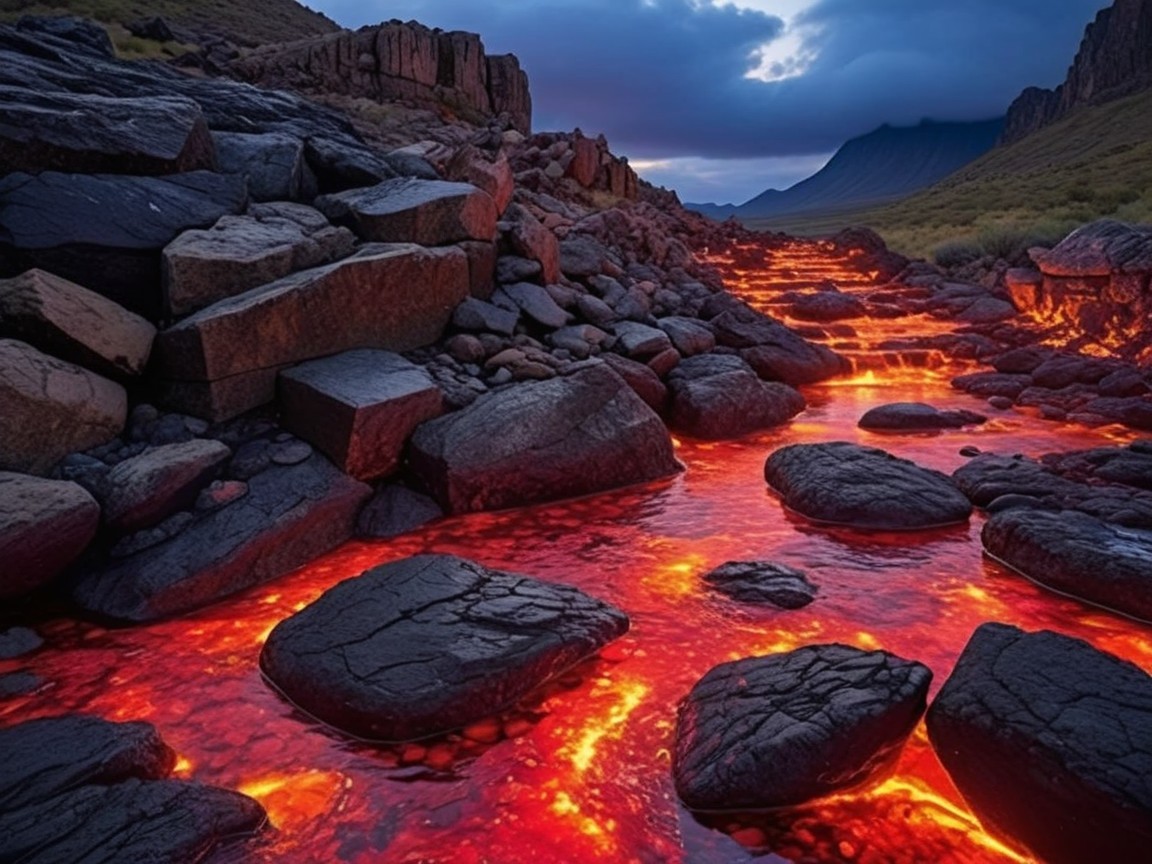Molten Lava River in Dramatic Rocky Landscape