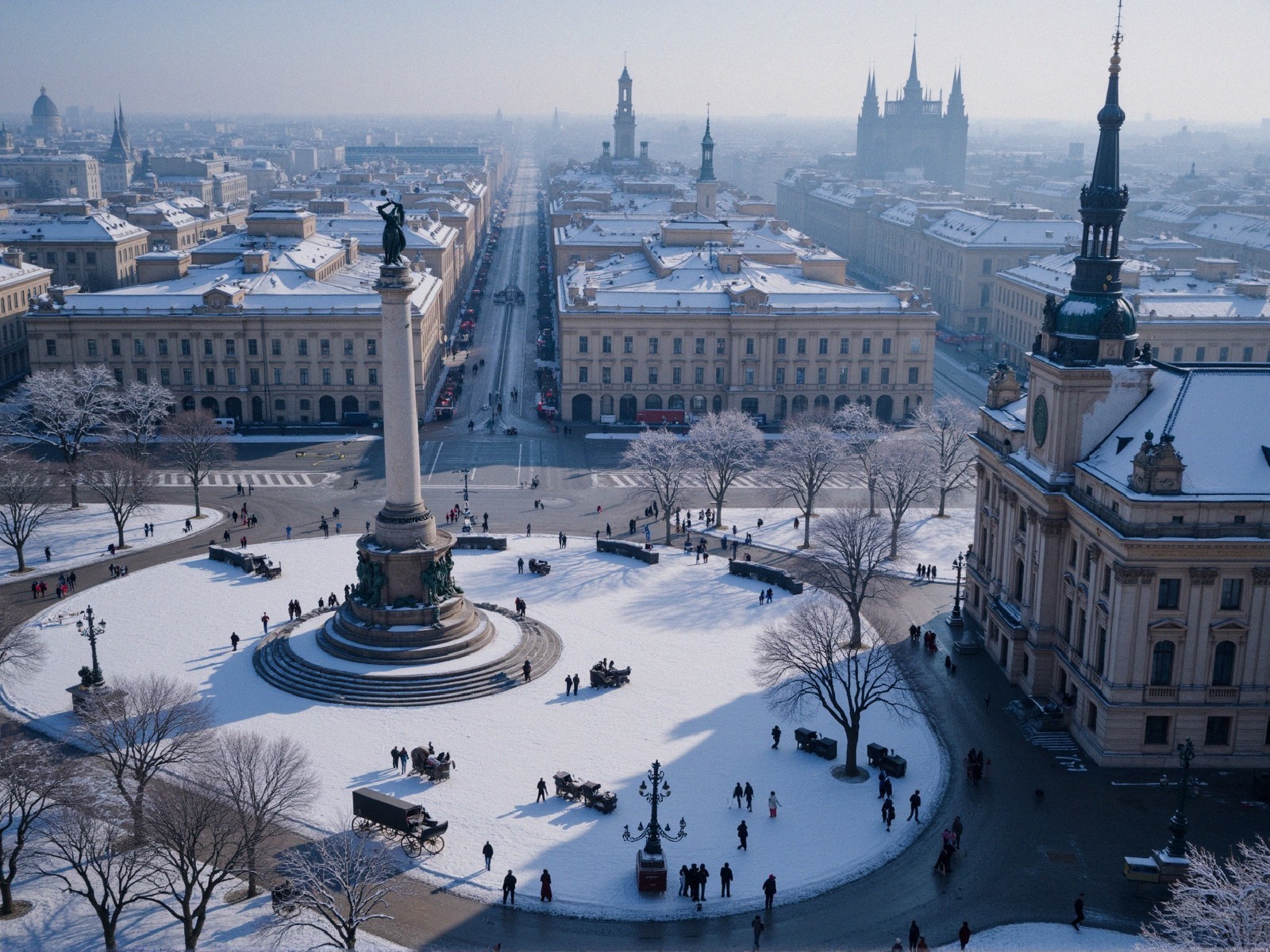 Snow-Covered Cityscape with Monument and Trees