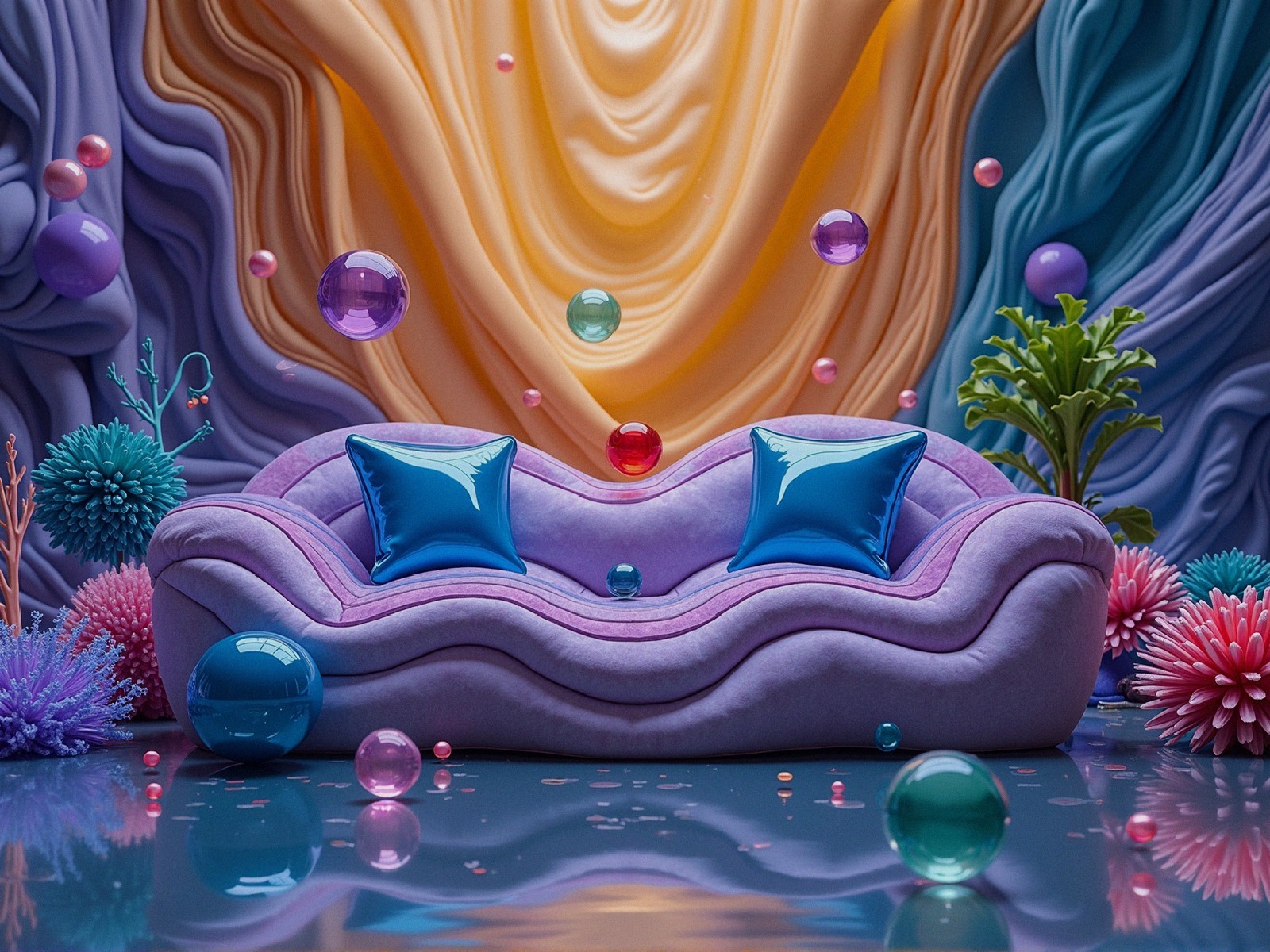 Vibrant Purple Sofa in a Colorful Surreal Setting