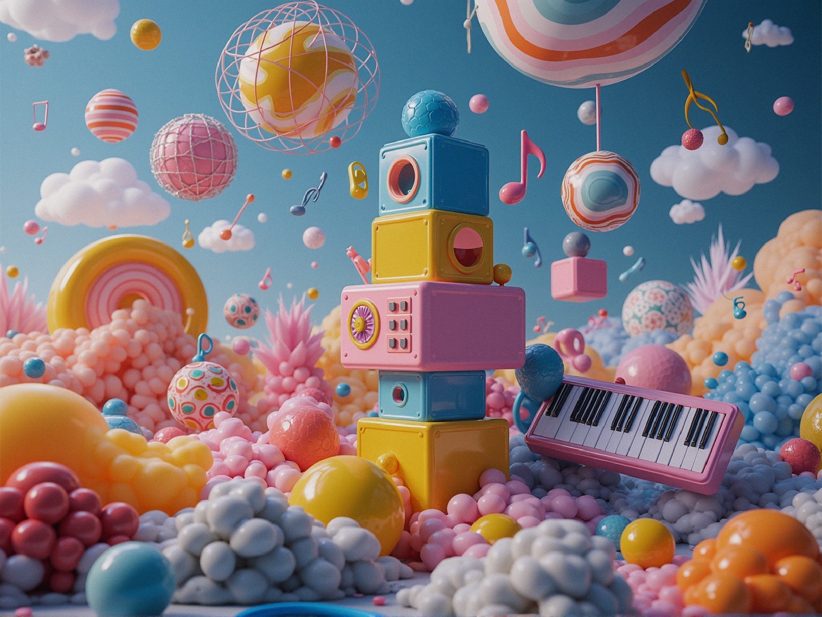 Whimsical Scene with Colorful Oversized Shapes