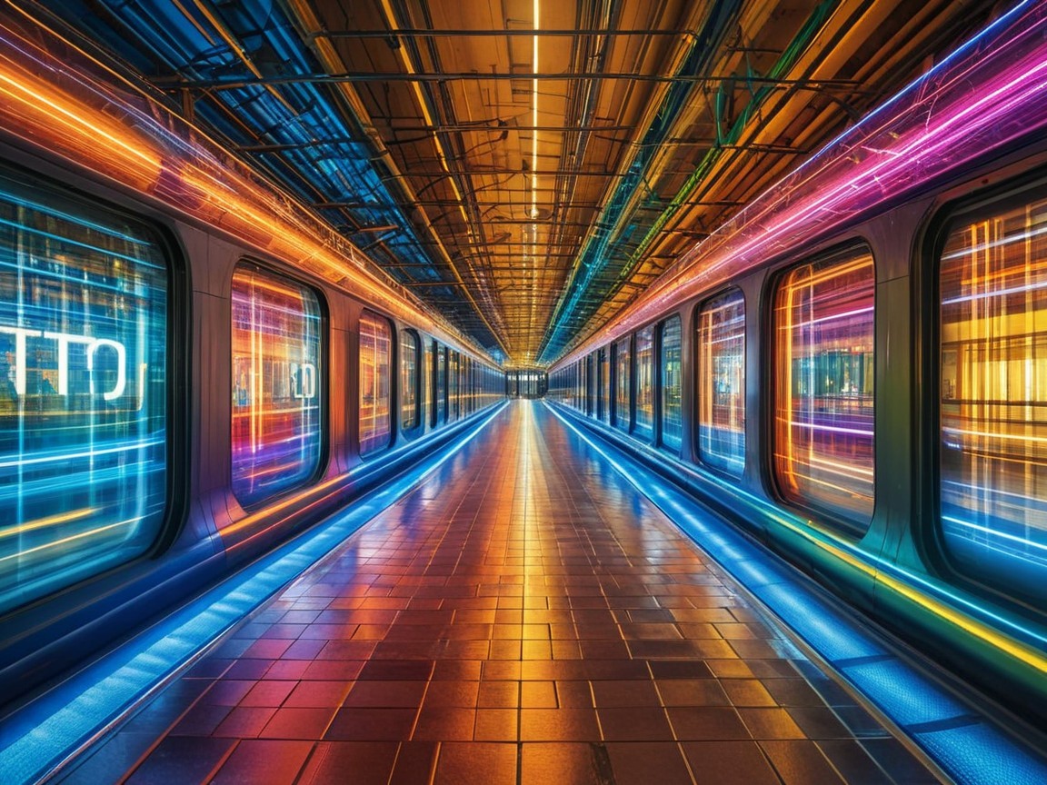 Futuristic Subway Station with Neon Lights and Graphics