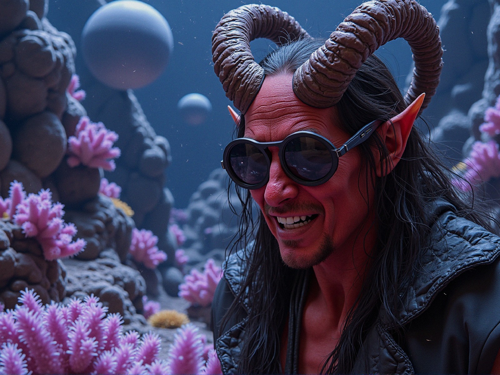 Horned Figure in Vibrant Underwater Landscape