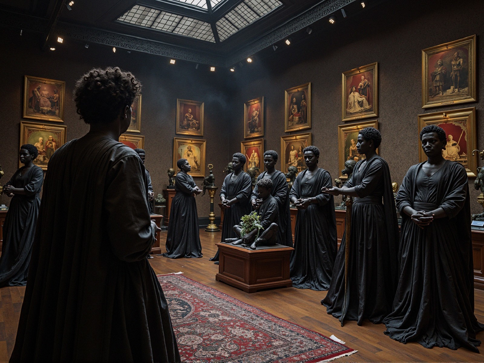 Statuesque Figures in Dimly Lit Art Gallery Setting
