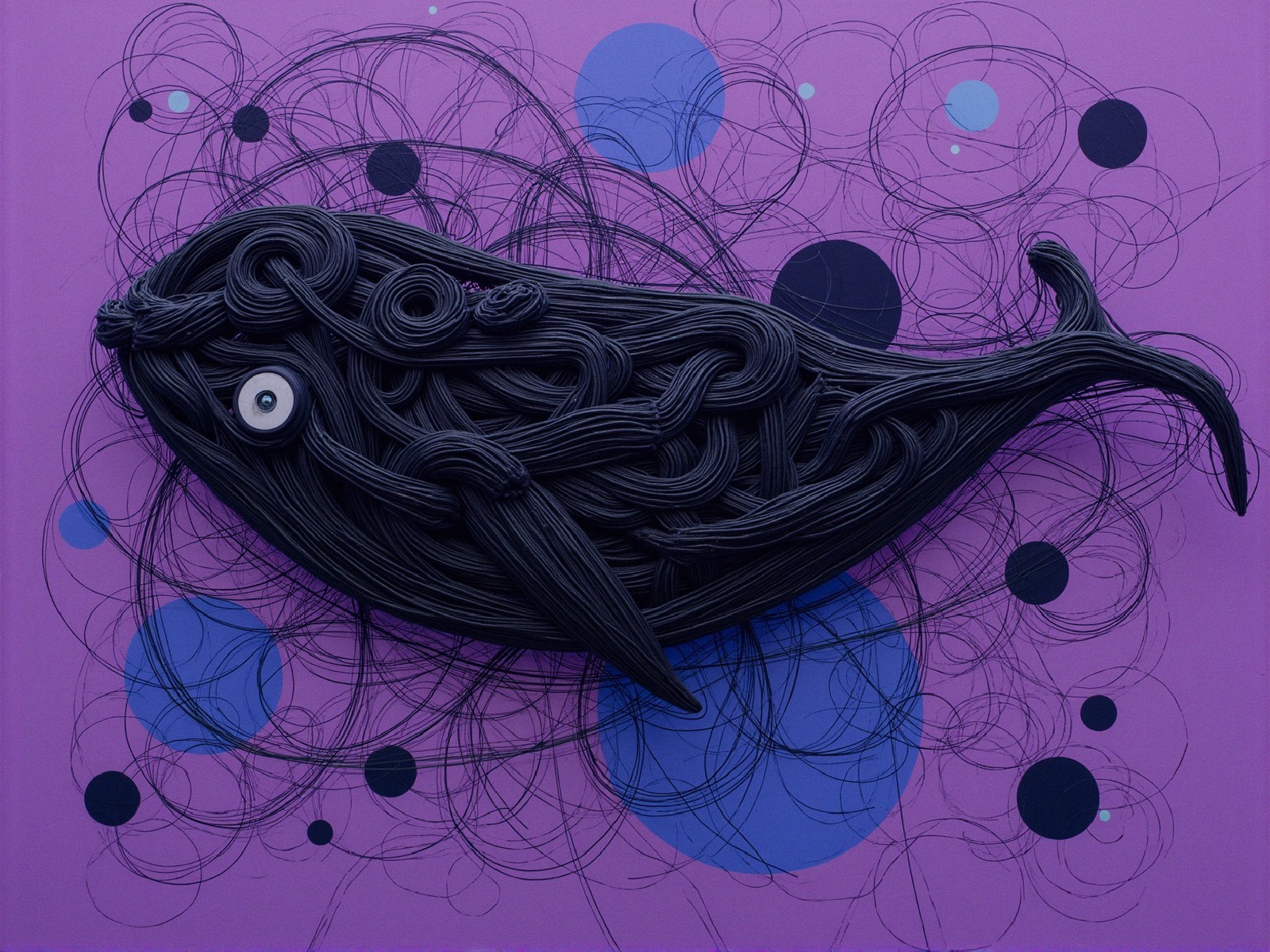 Abstract Whale Artwork with Black Lines and Colors