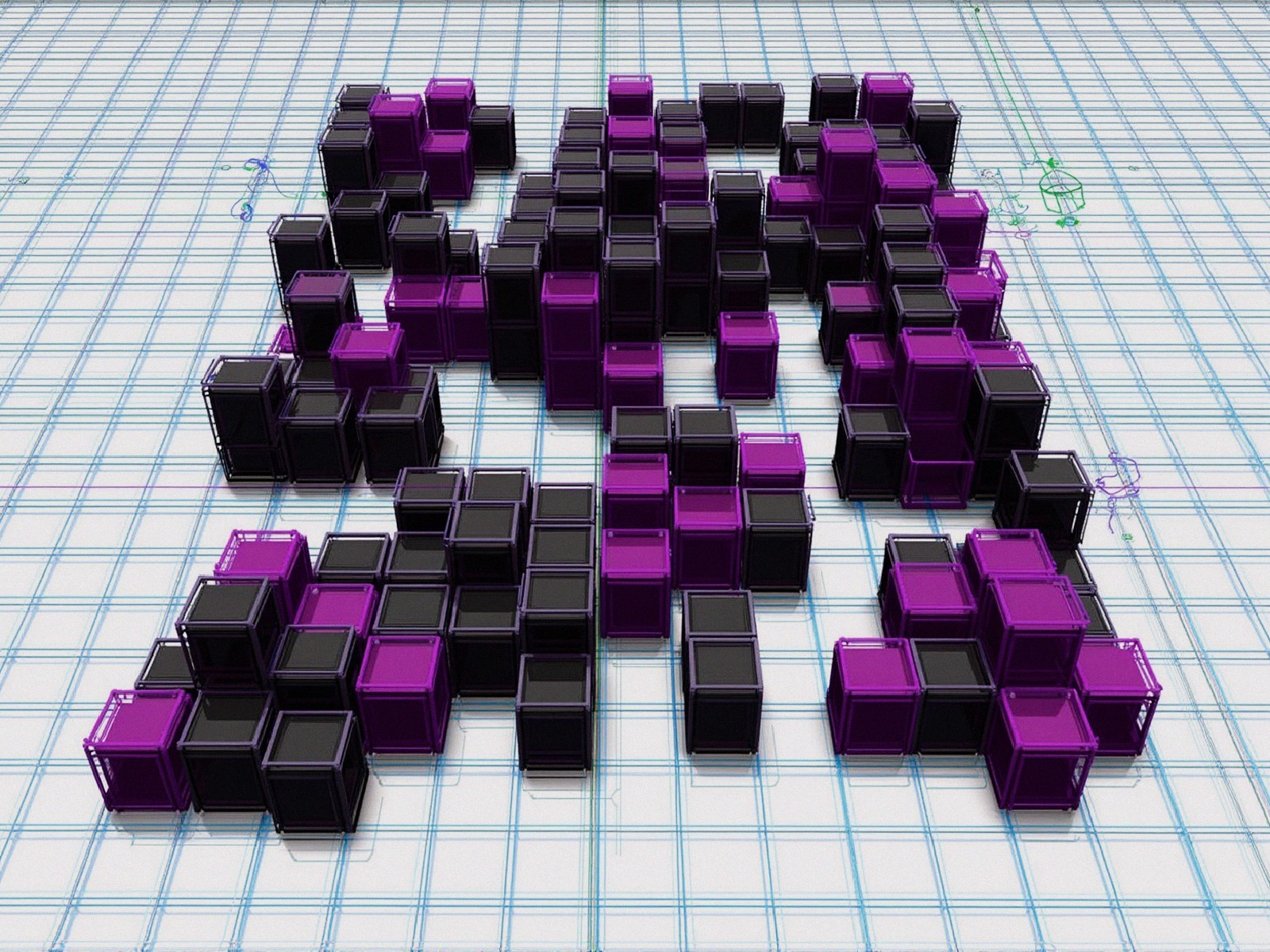 Three-Dimensional Cubic Shapes on Light Blue Grid