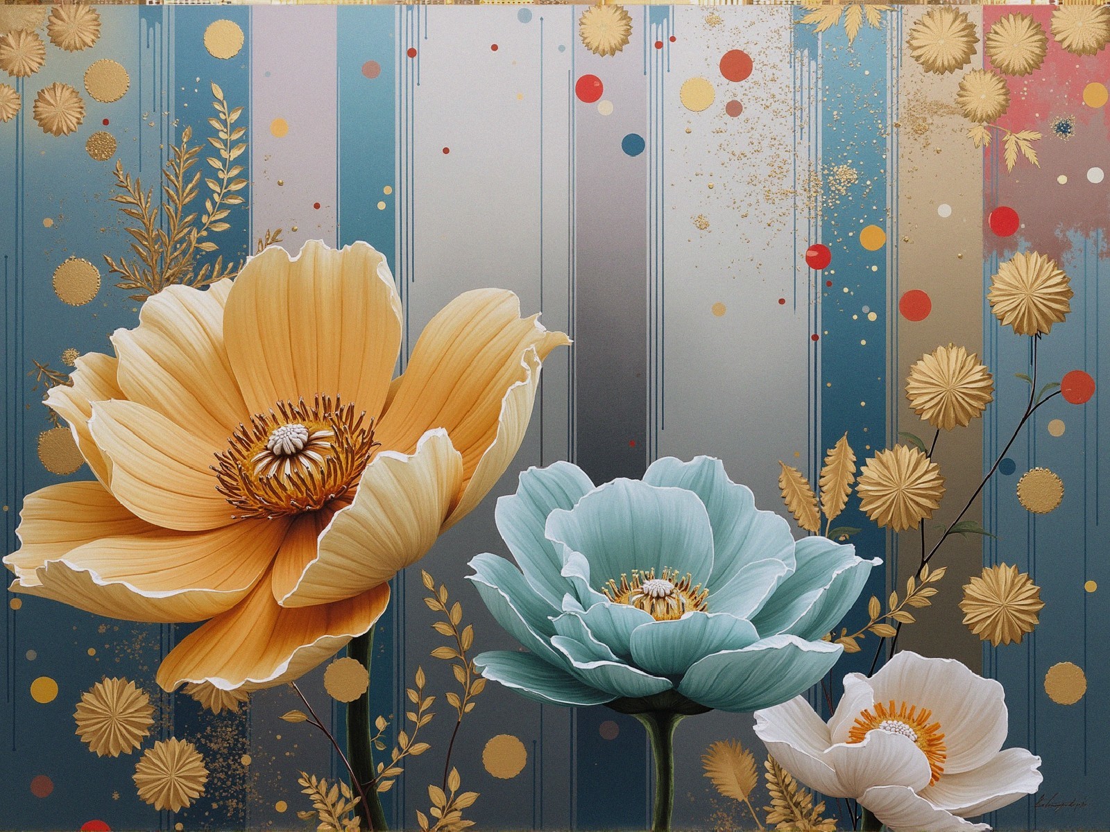 Vibrant Oversized Flowers with Golden Leaves and Patterns