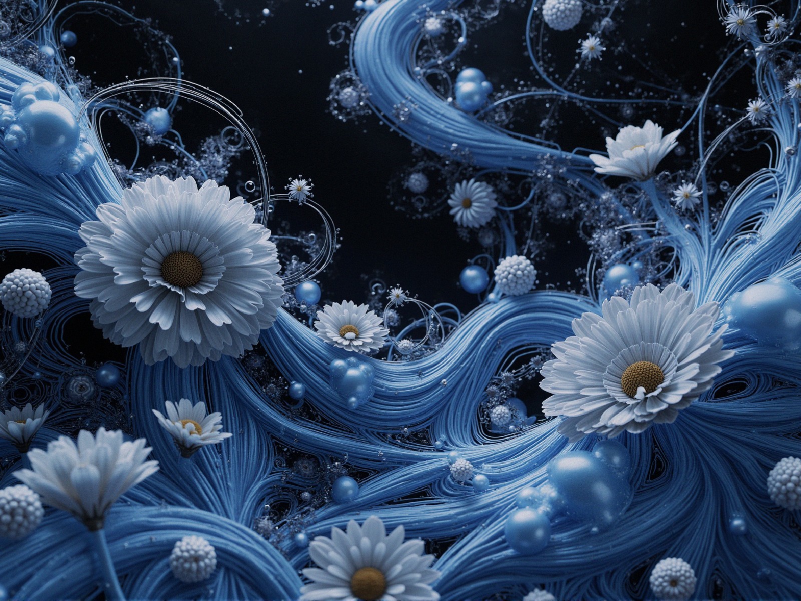 Vibrant Blue Strands with White Daisies and Spheres