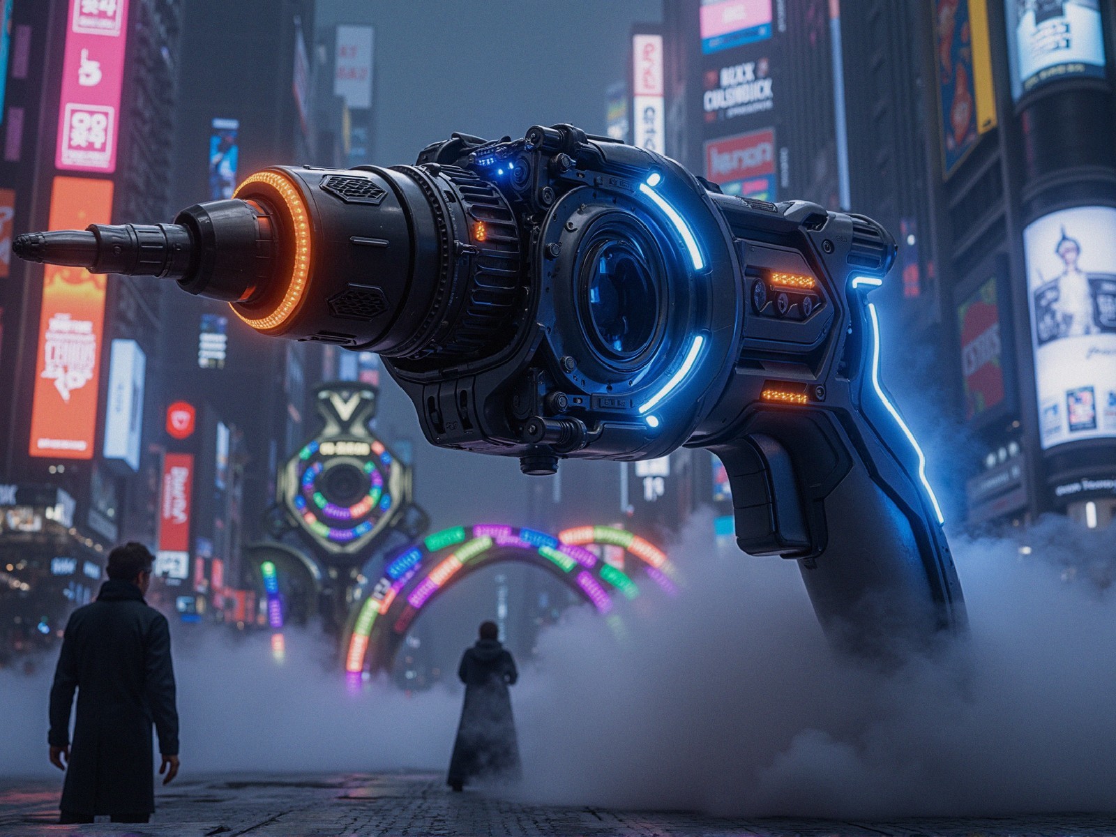 Futuristic Drill in Neon Cityscape with Mystery Atmosphere