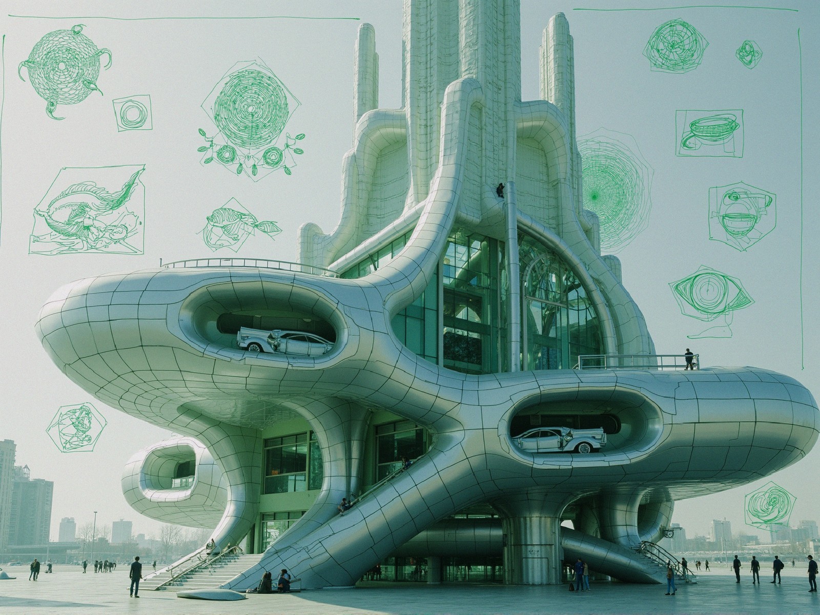 Futuristic building with organic design and metallic facade
