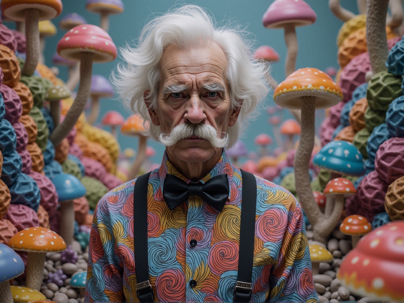 Elderly Man in Colorful Shirt Amidst Giant Mushrooms