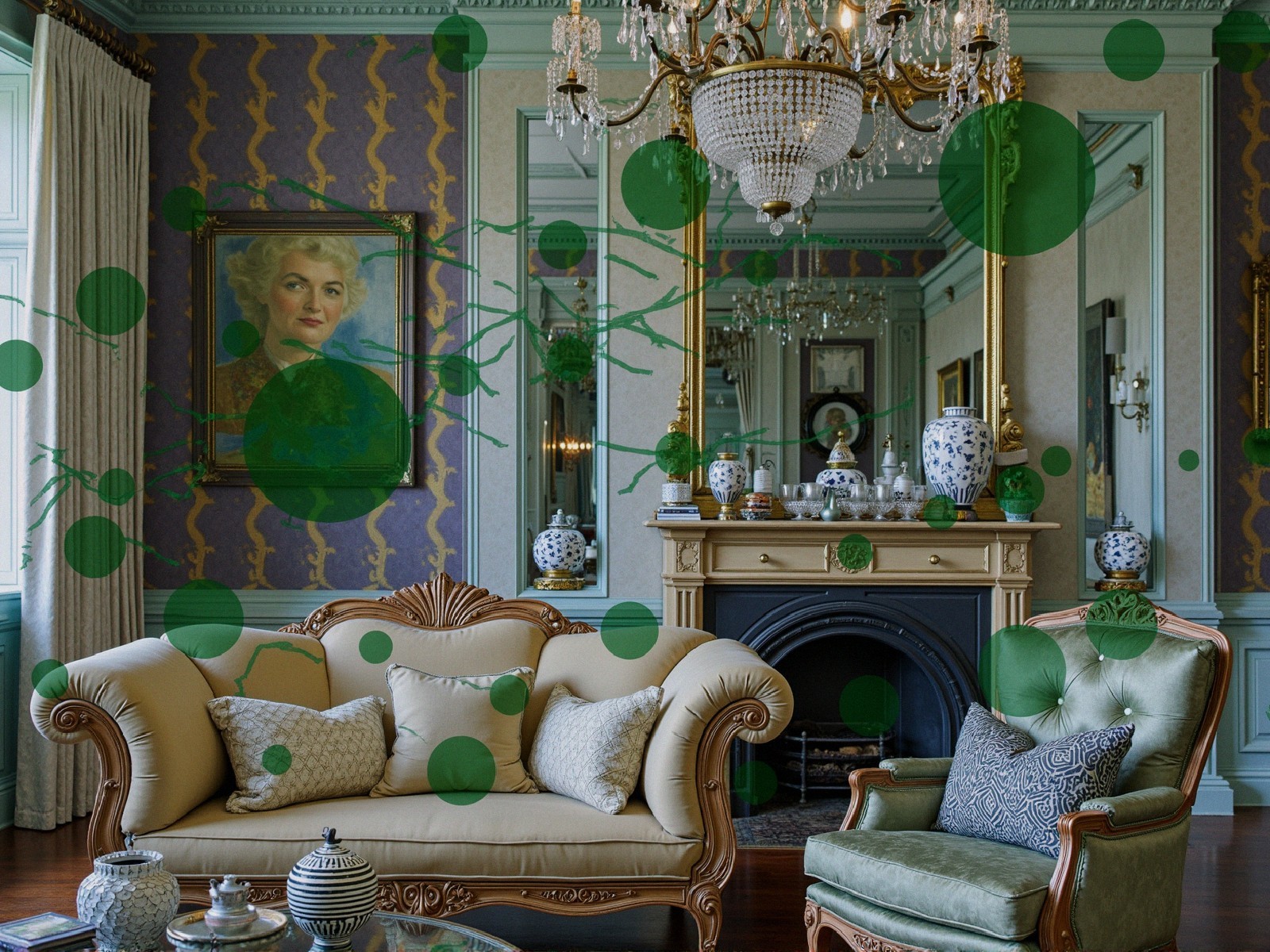 Vintage Living Room with Cream Sofa and Green Armchair