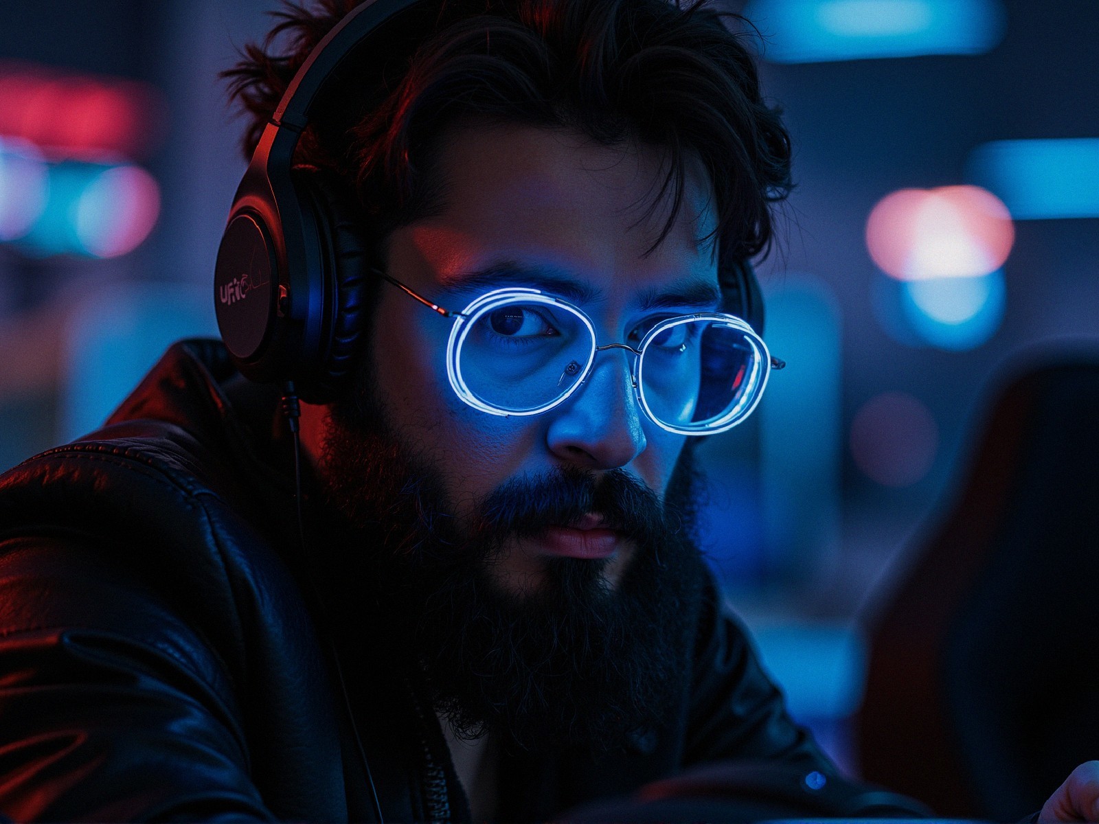 Man with Beard and Glasses in Neon-lit Setting