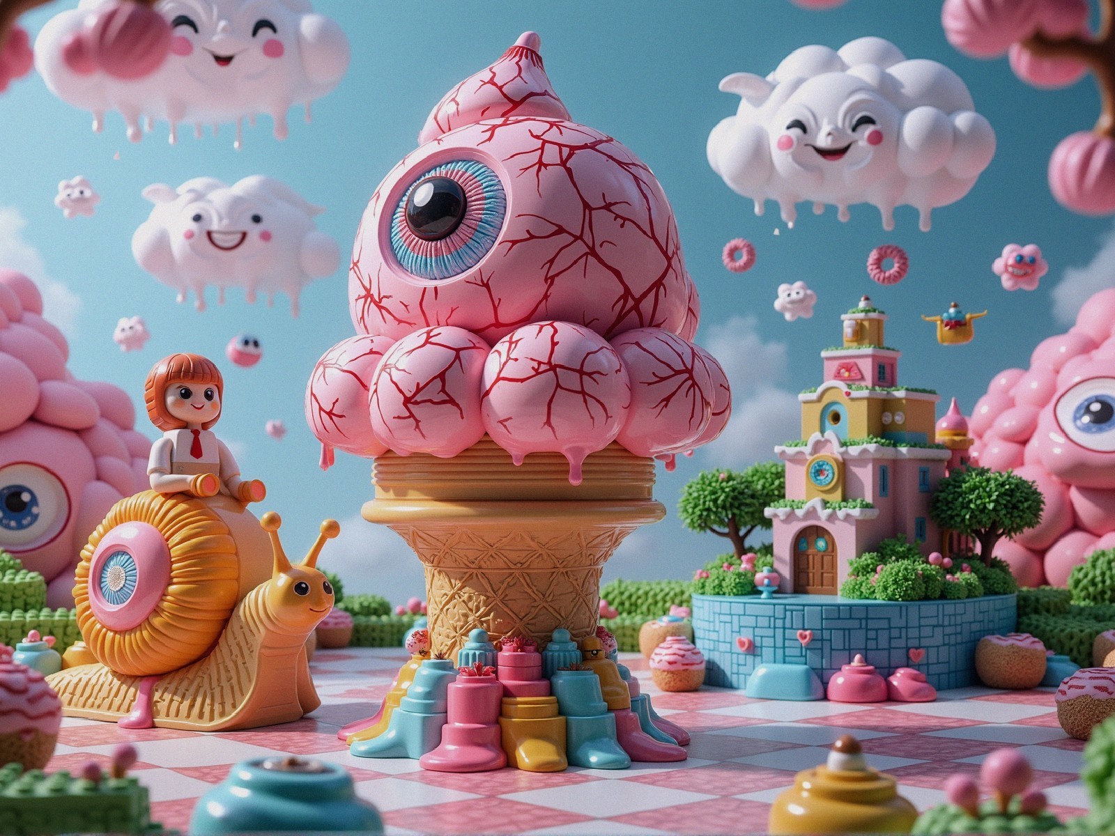 Whimsical Landscape with Ice Cream Cone and Snail