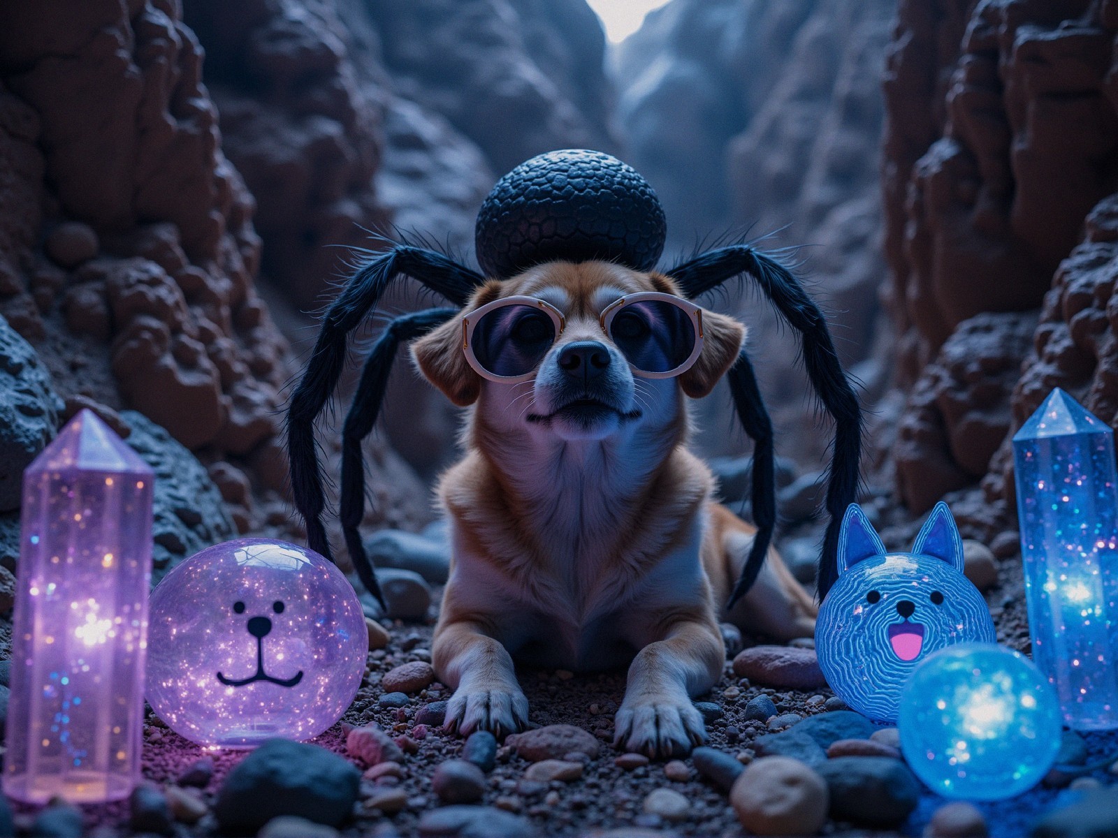 Chihuahua in Sunglasses Surrounded by Colorful Orbs