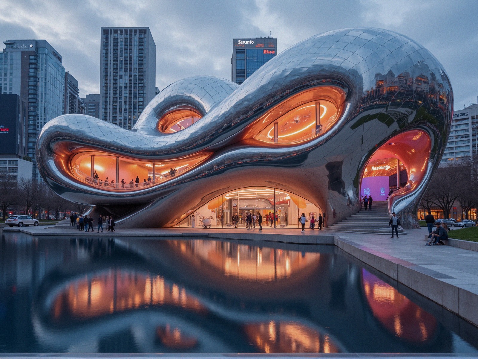 Futuristic Building with Organic Design and Reflections
