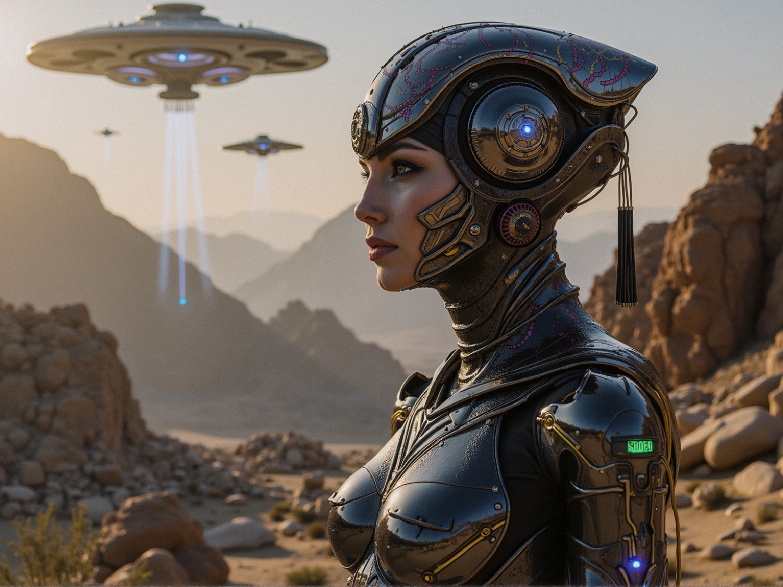 Futuristic Woman in Desert with UFOs and Armor