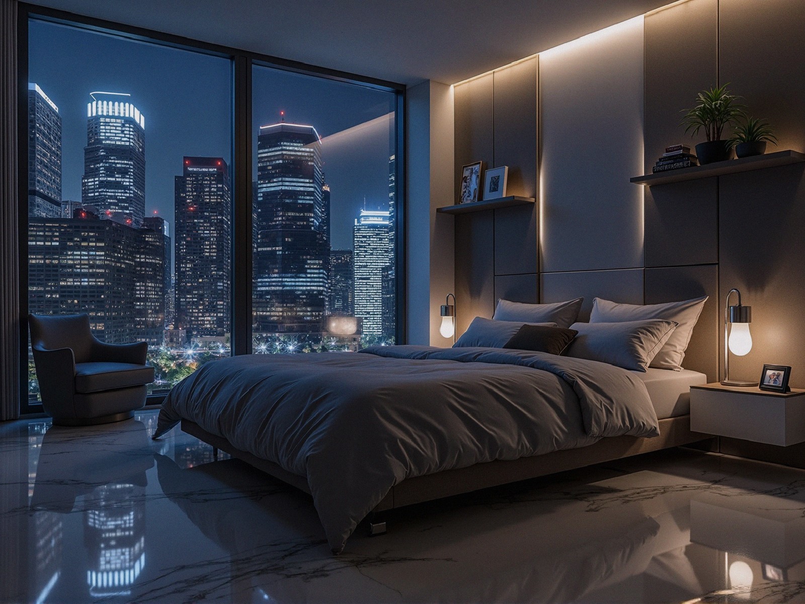 Modern Bedroom with City Skyline and Elegant Decor