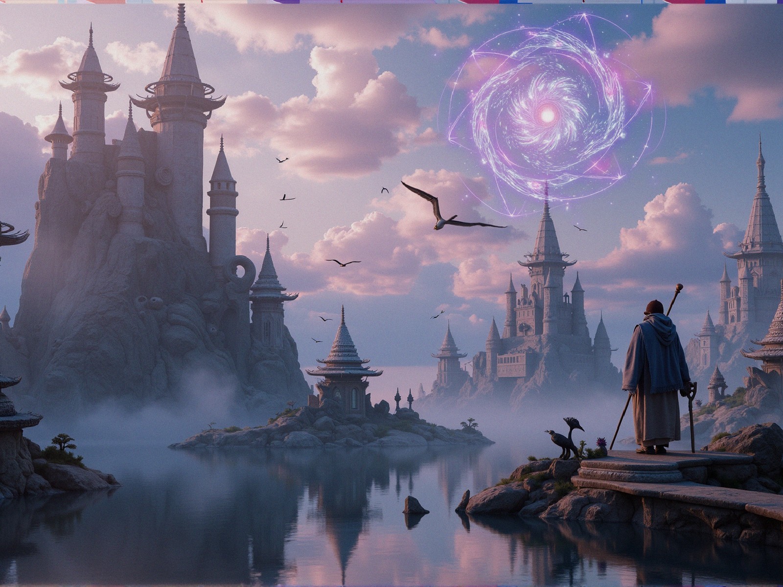 Mystical Landscape with Castles and Ethereal Portal