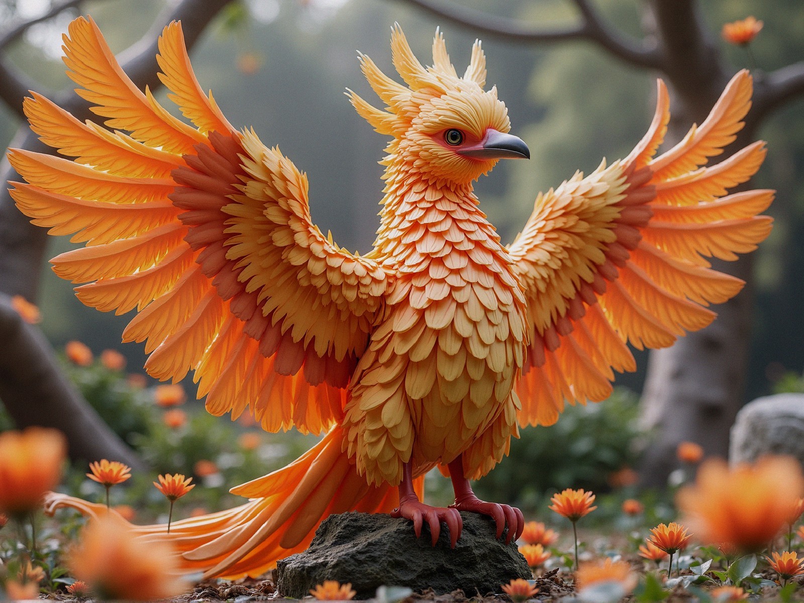Majestic mythical bird in a garden of orange flowers