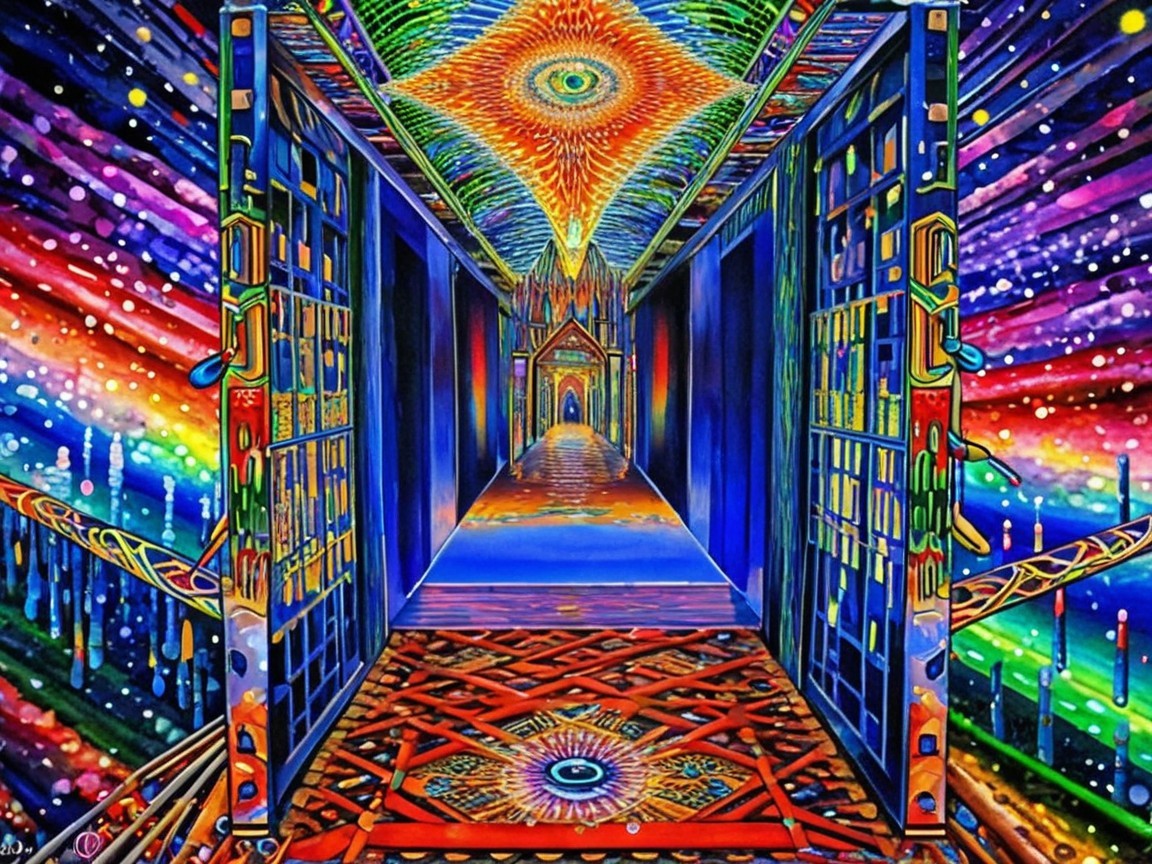 Surreal Infinite Hallway with Cosmic Gates and Patterns