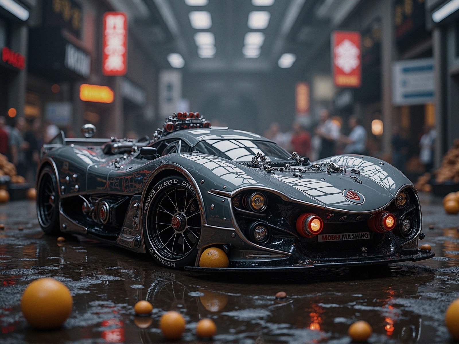 Futuristic Car Design in Industrial Setting with Oranges