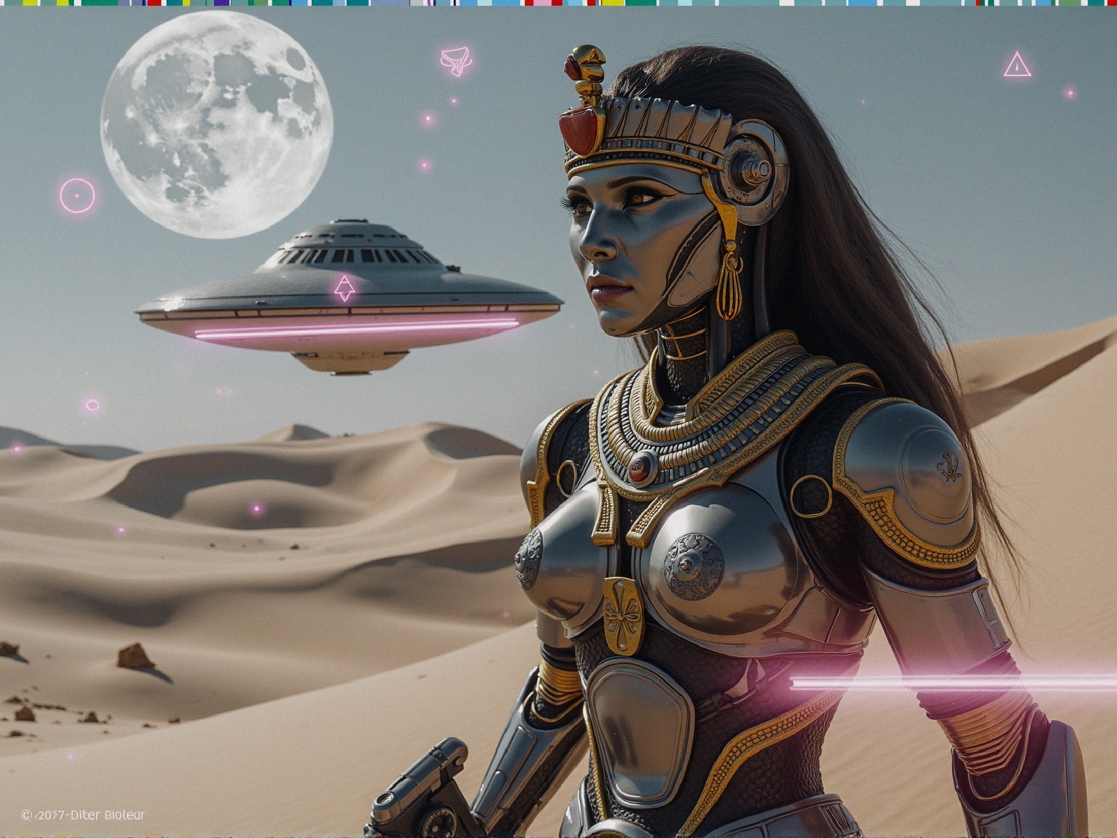 Futuristic Landscape with Robotic Woman and UFO