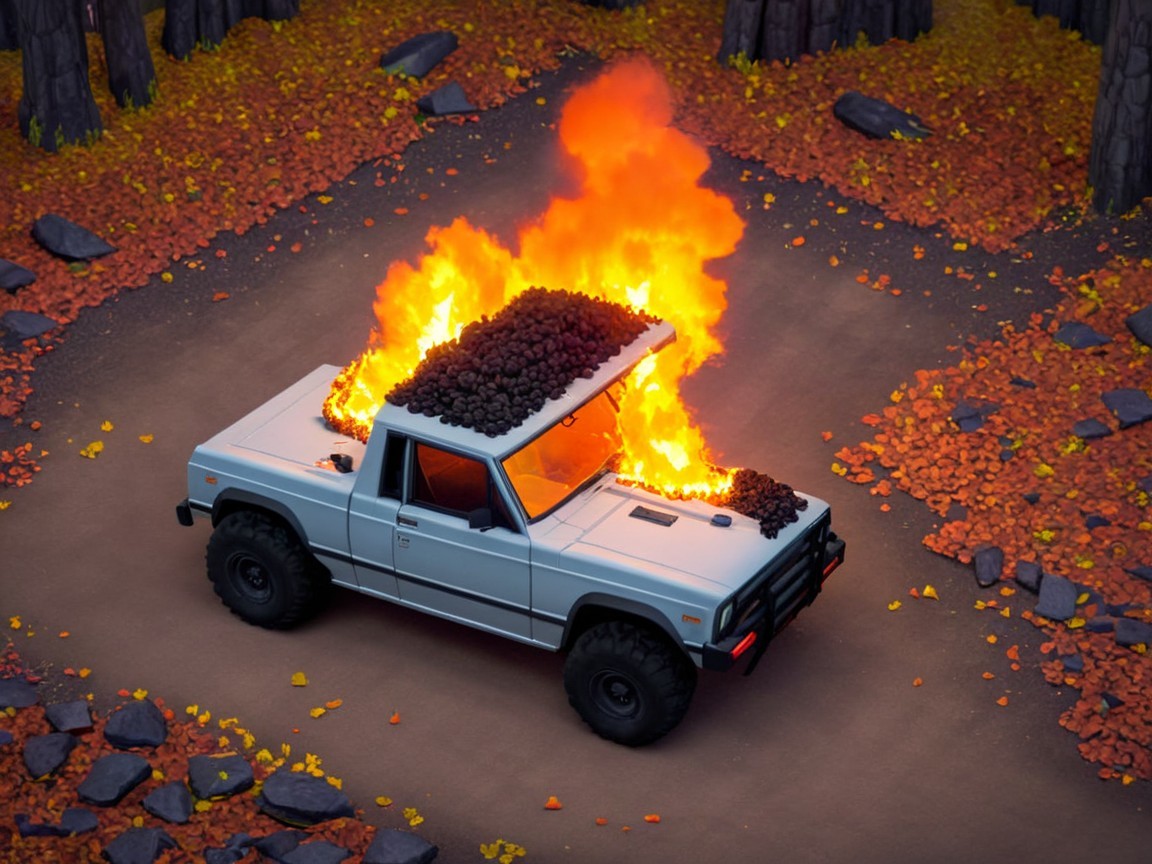 White Pickup Truck on Fire in Autumn Forest Clearing