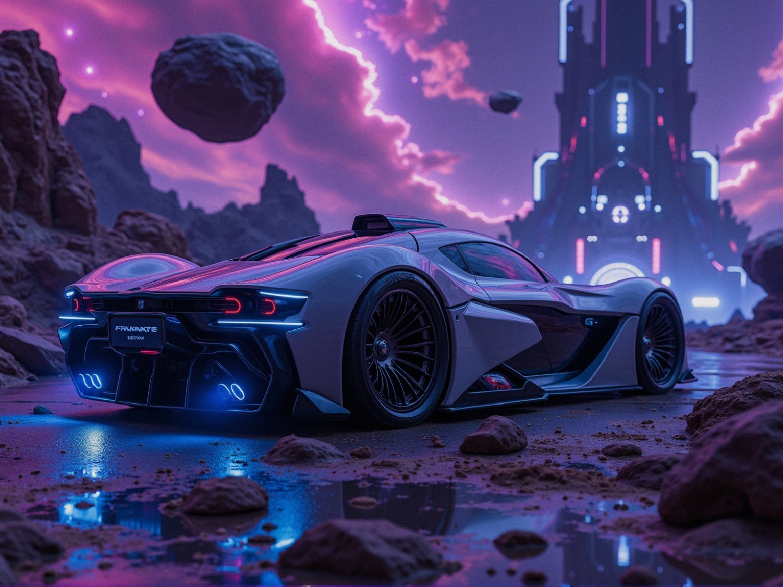 Futuristic Sports Car in Alien Landscape with Glow