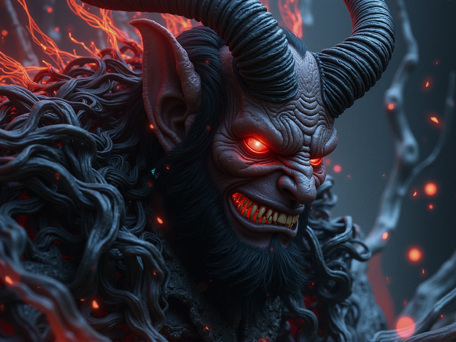 Menacing figure with horns and glowing red eyes