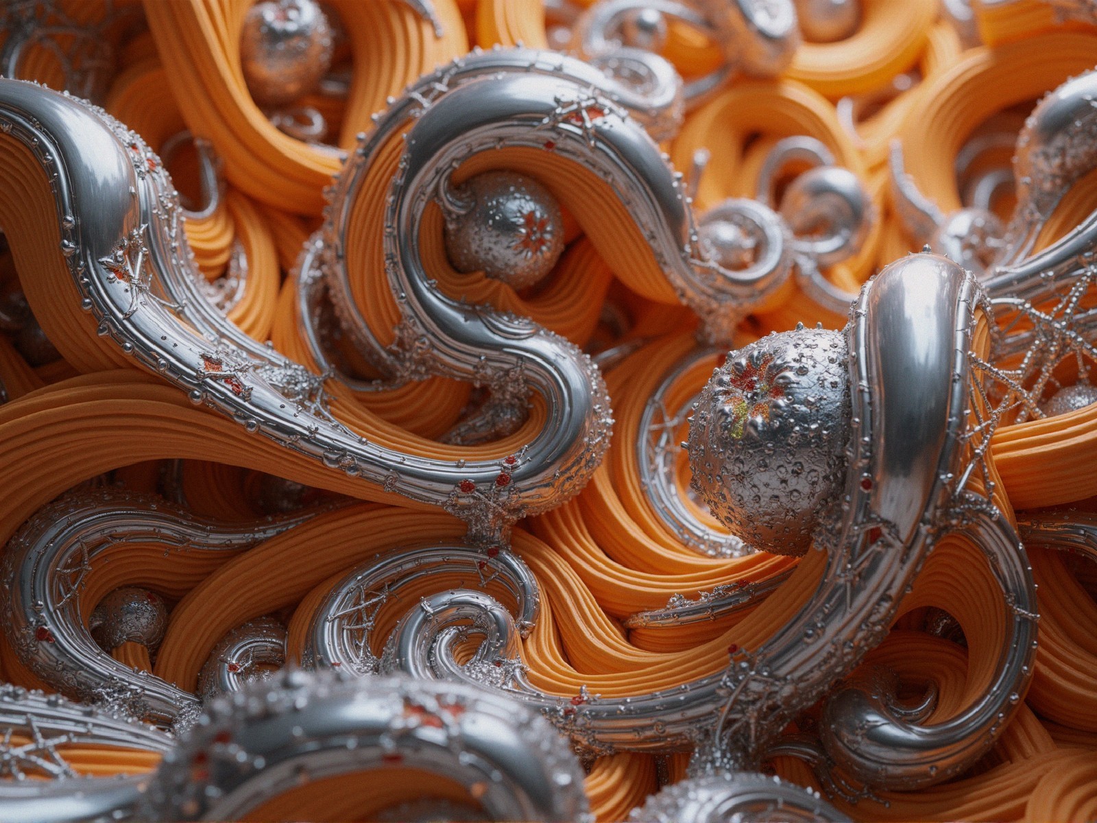 Vibrant Abstract Composition of Silver and Orange Elements