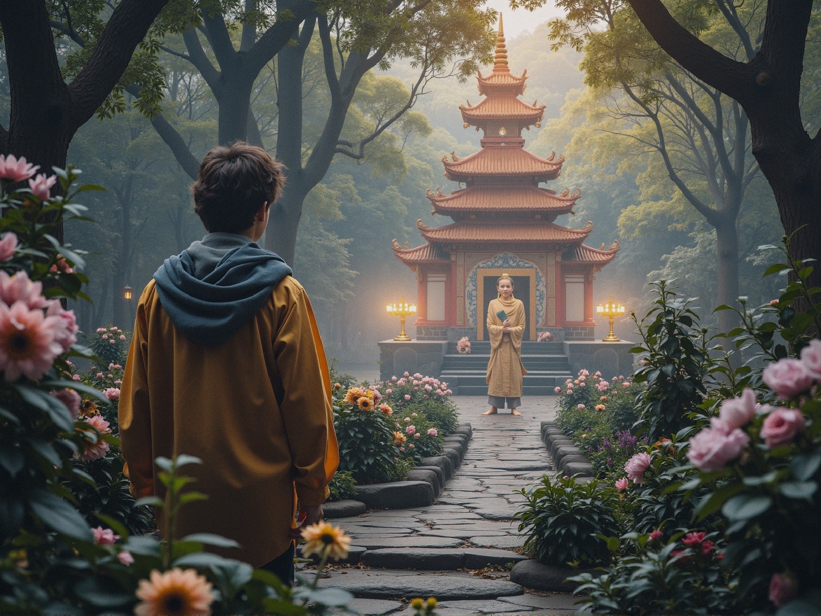 Young Person in Yellow Robe at Tranquil Temple Garden