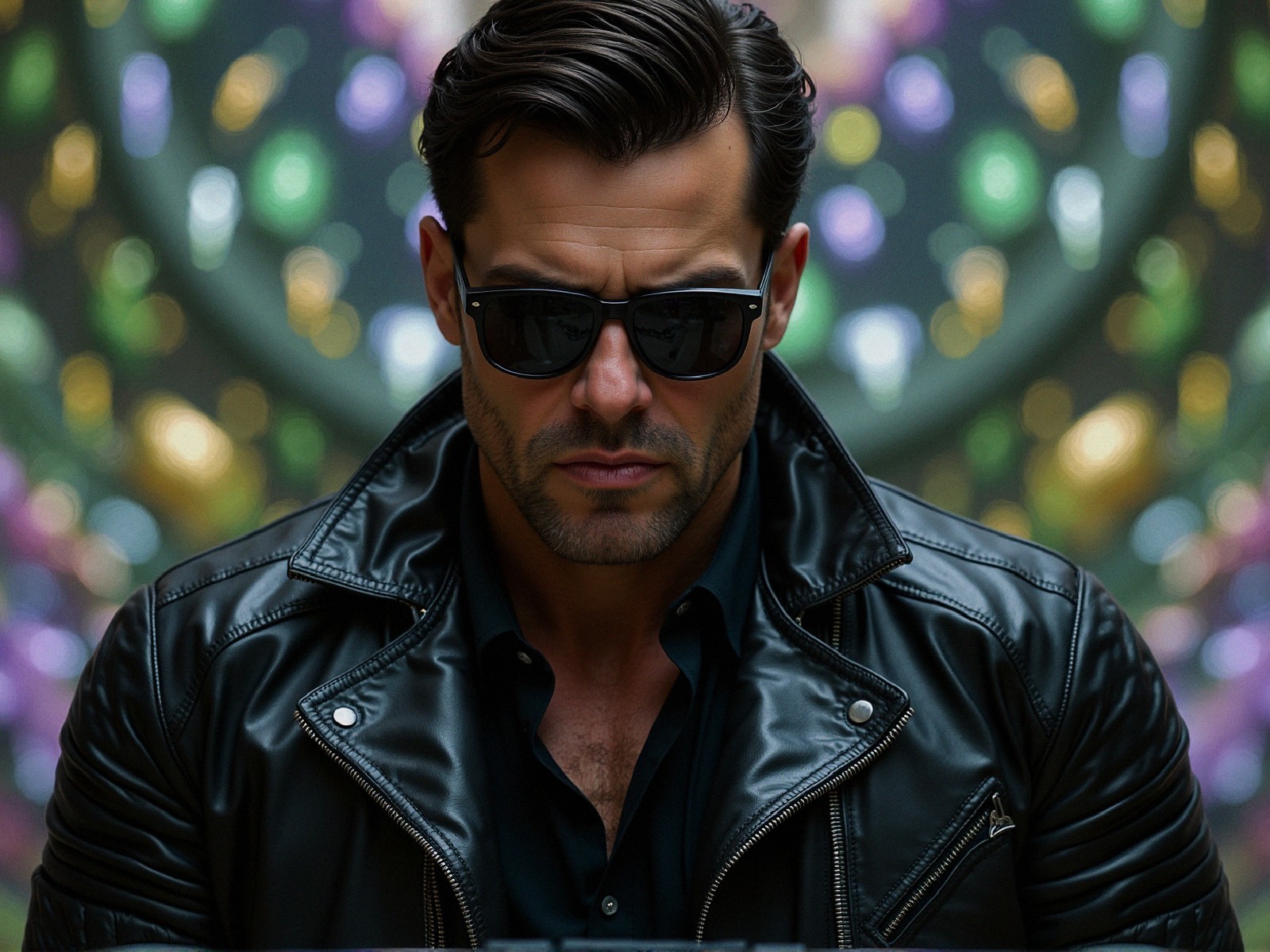 Confident Man in Black Jacket Against Abstract Background