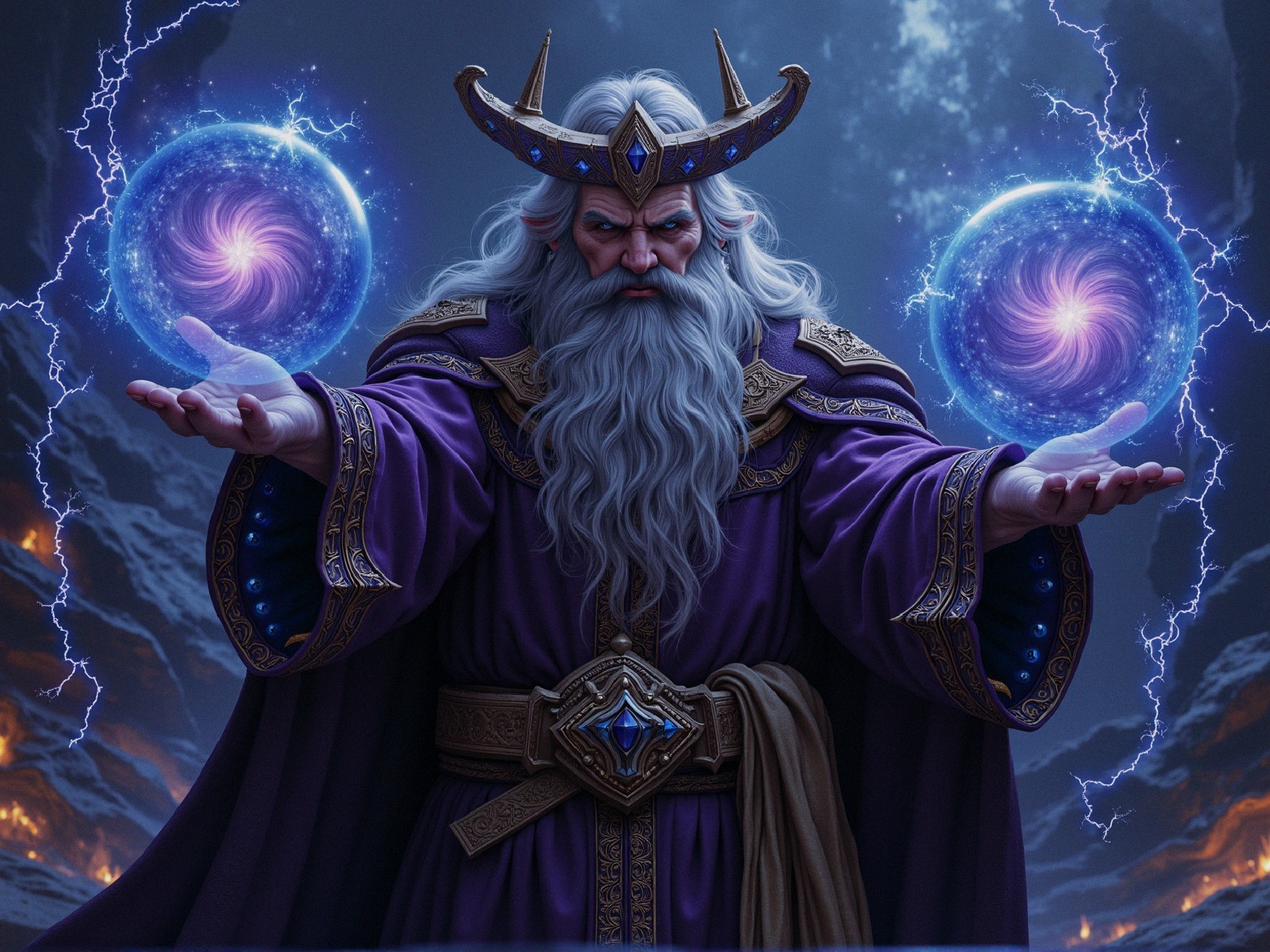 Powerful wizard with glowing orbs in stormy skies