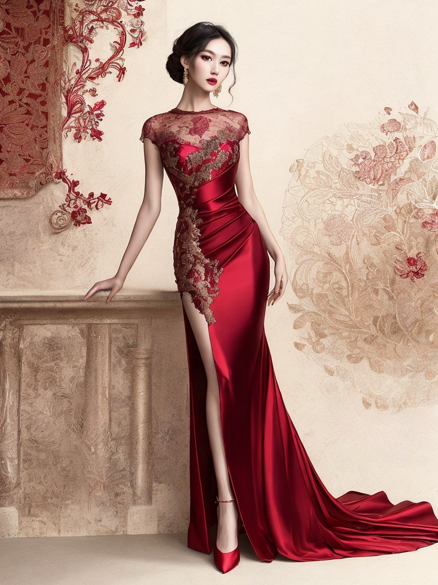 Vibrant Red Evening Gown with Lace and Floral Details