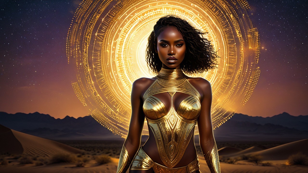 Dark-skinned woman in golden bodysuit in desert scene