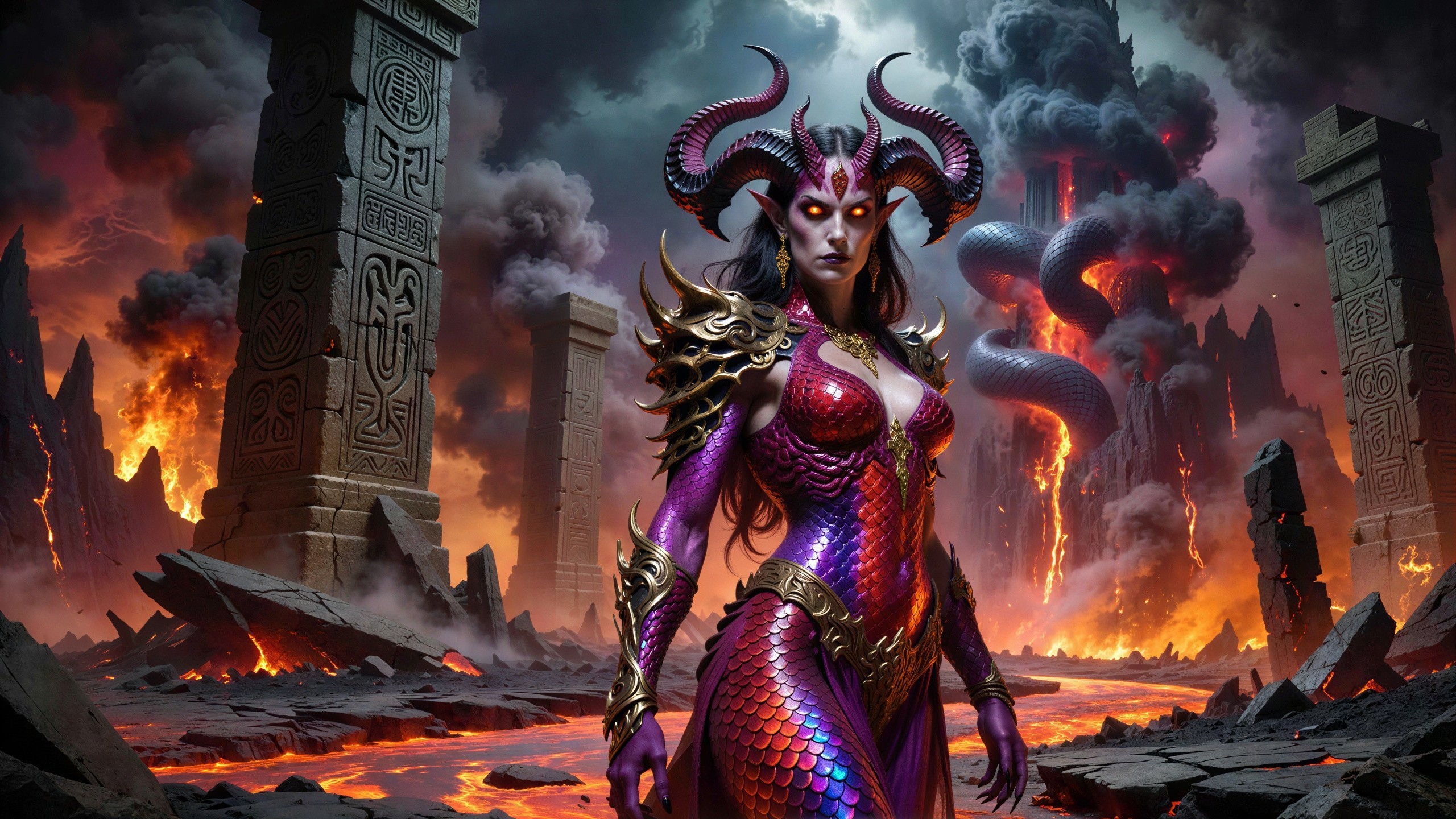 Demonic Woman in Iridescent Armor in Hellish Landscape
