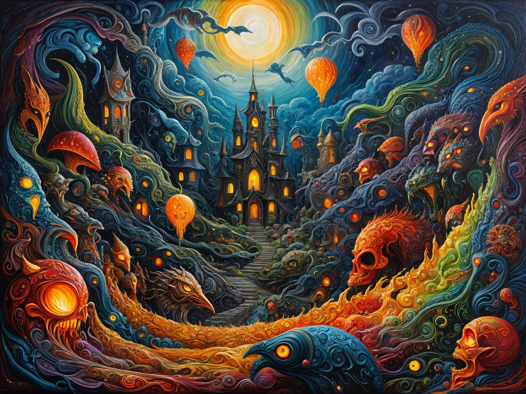 Surreal Landscape with Colorful Hills and Castle