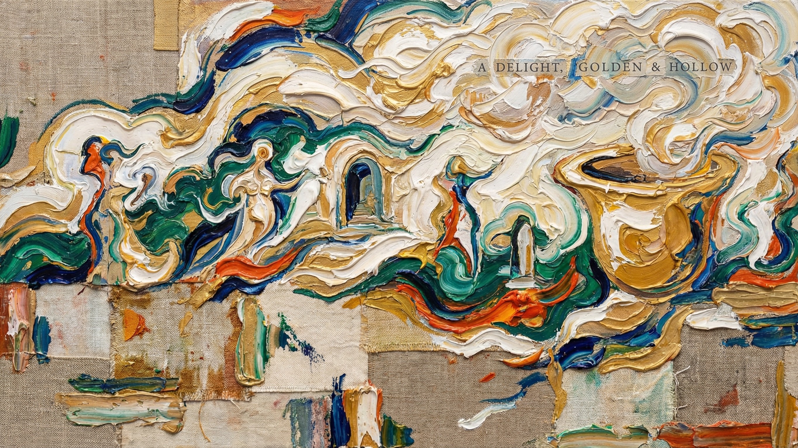 Textured impasto painting with abstract figures and colors