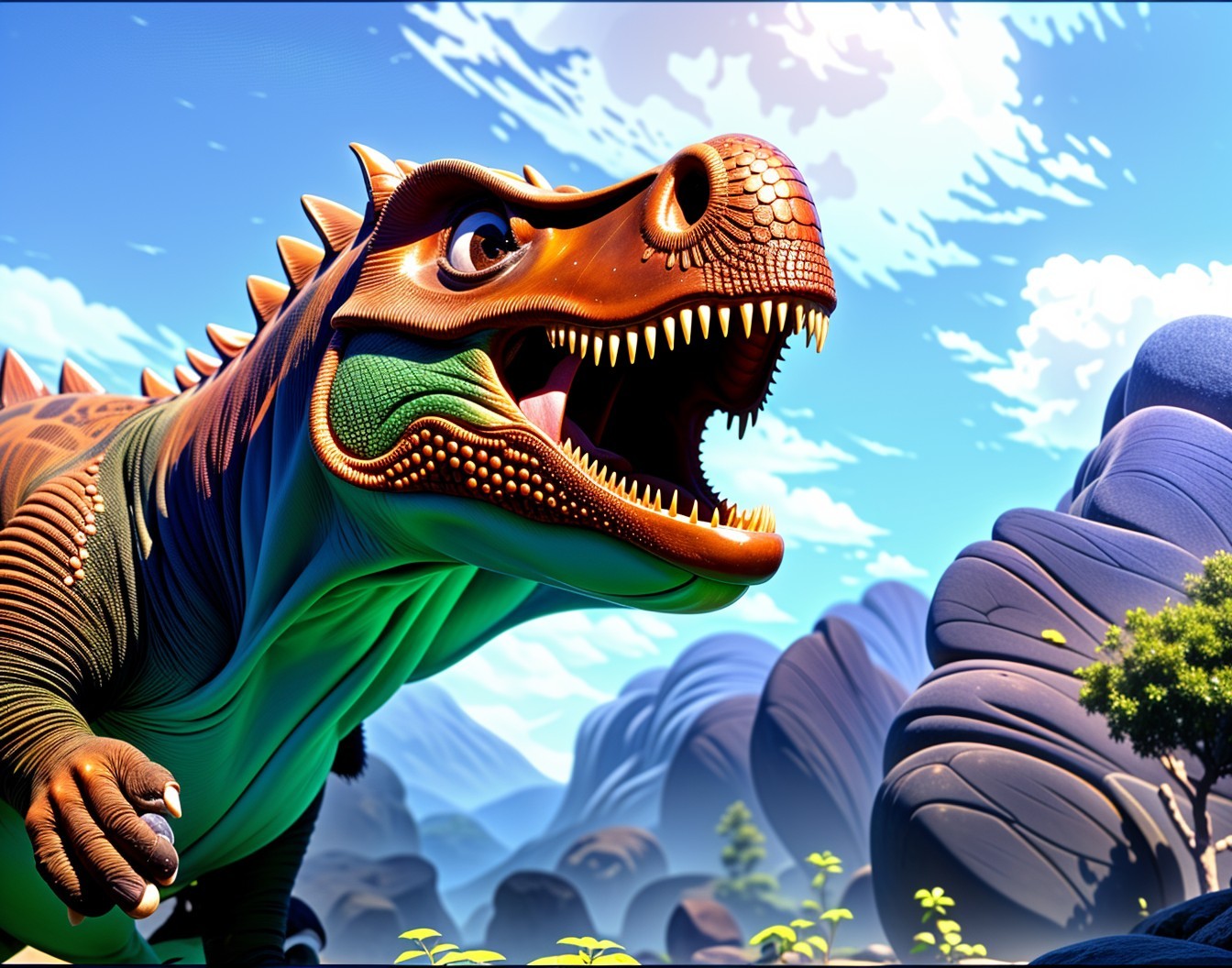 Cartoonish Dinosaur in Colorful Mountain Landscape