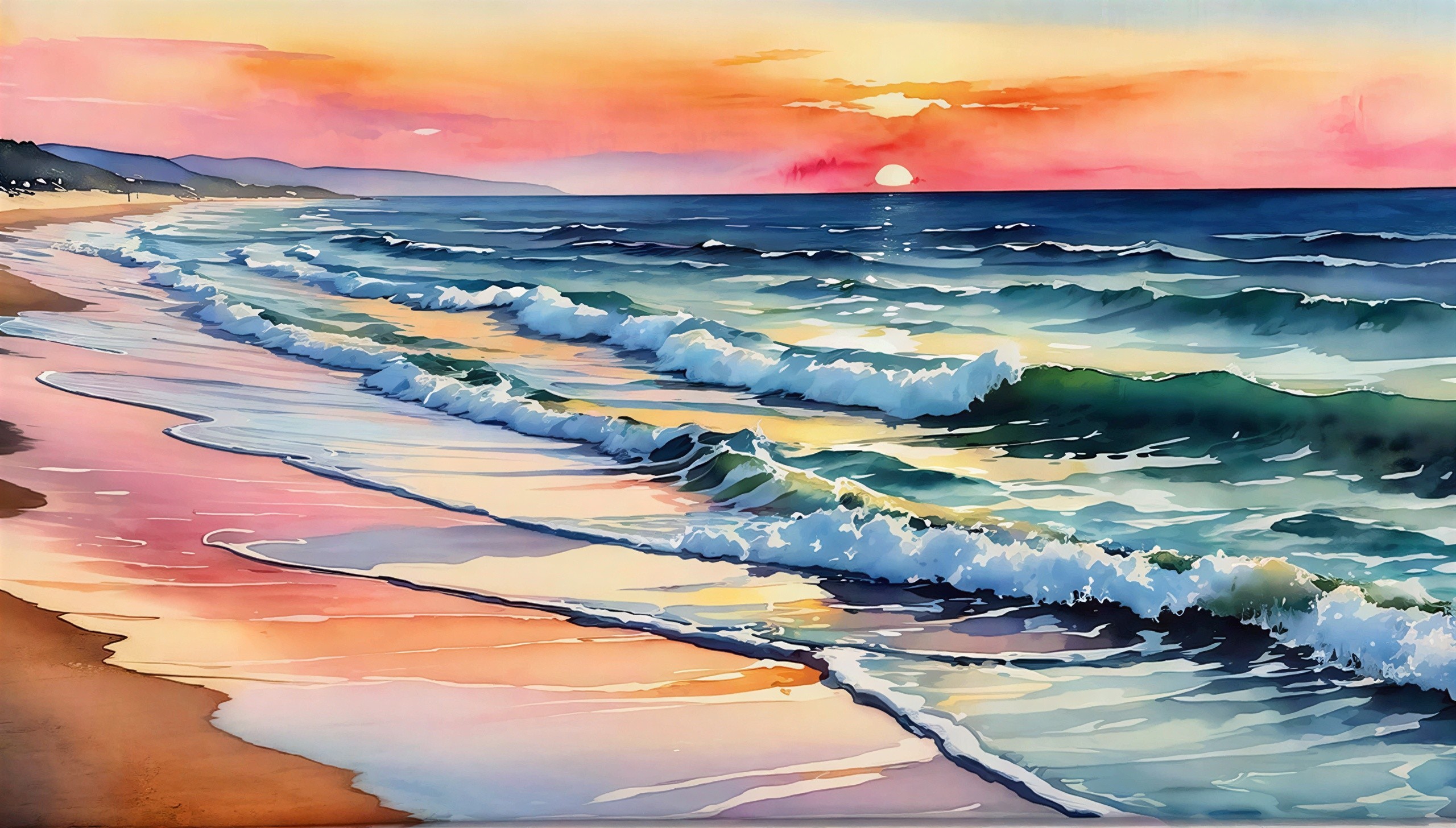 Watercolor Painting of Sunset Over Tranquil Beach