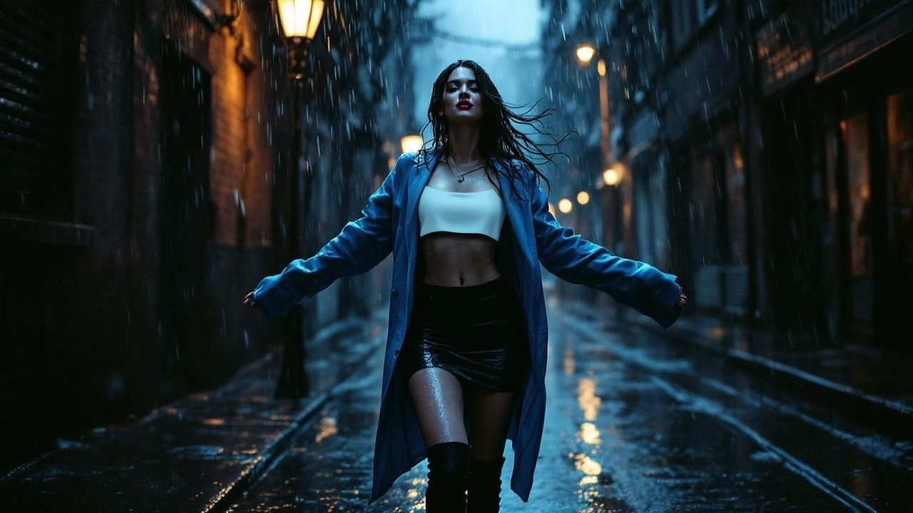 Young woman in stylish outfit on a rainy night street