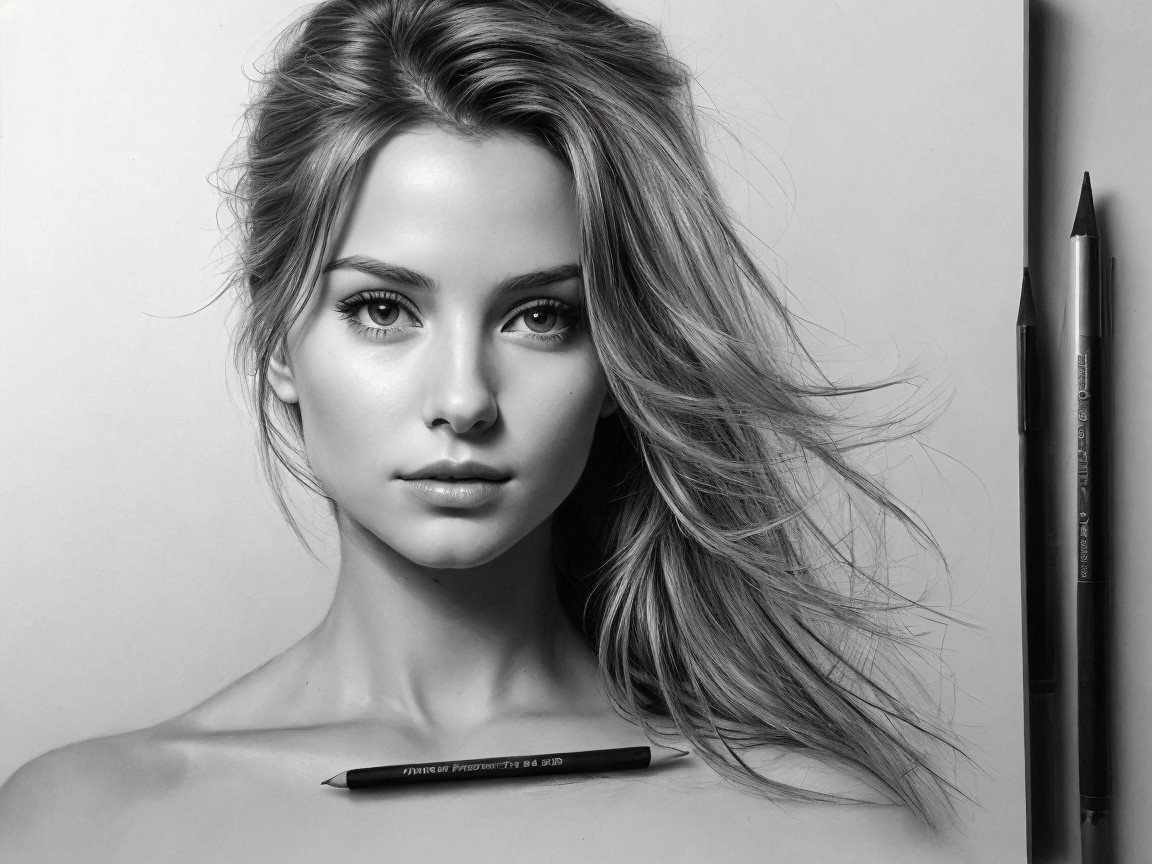 Hyperrealistic monochrome portrait of a young woman