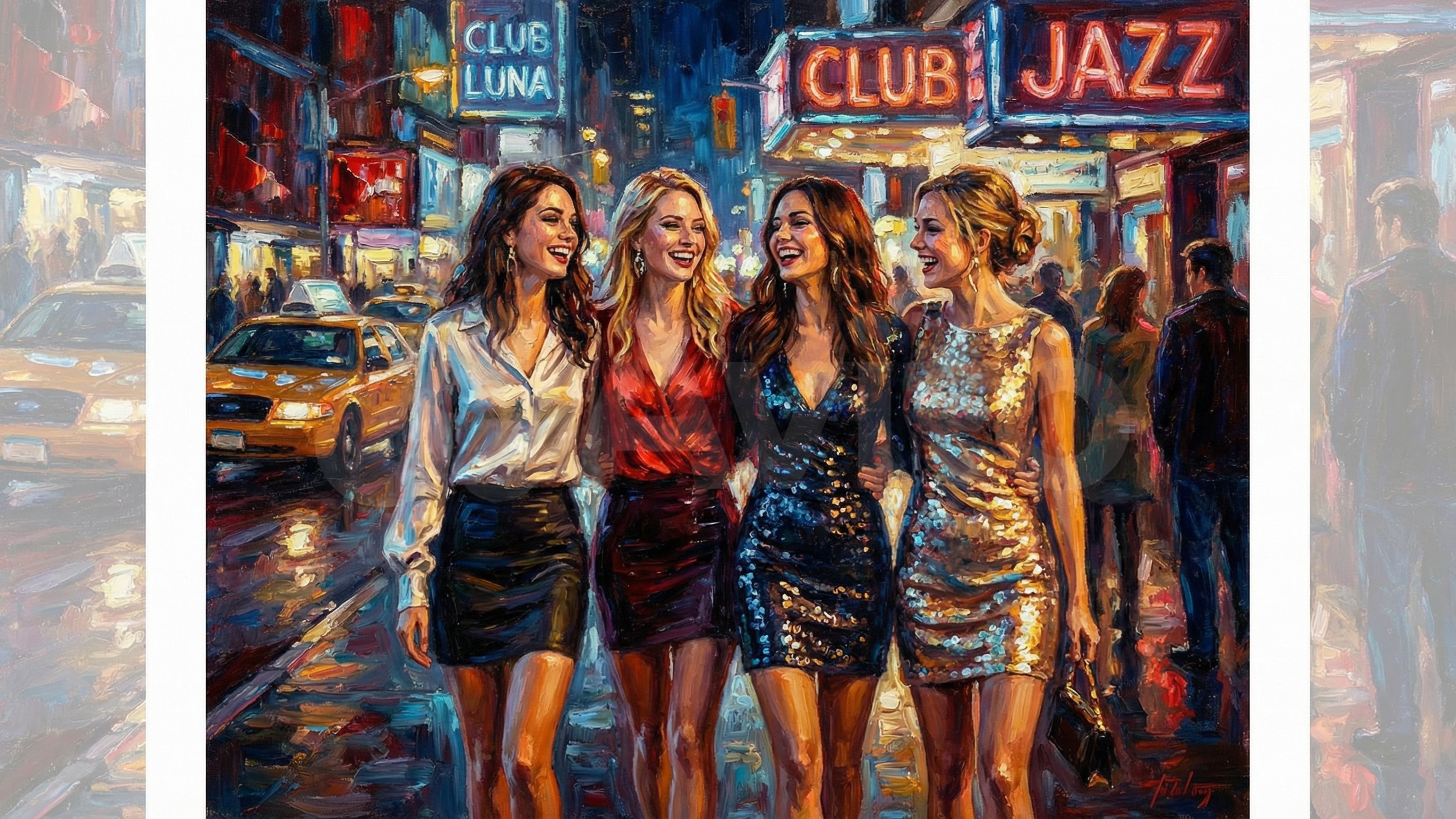 Four Women Walking on a Neon-Lit Wet Street at Night