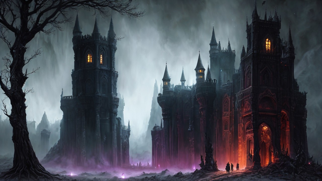 Gothic castle with eerie lights and shadowy figures