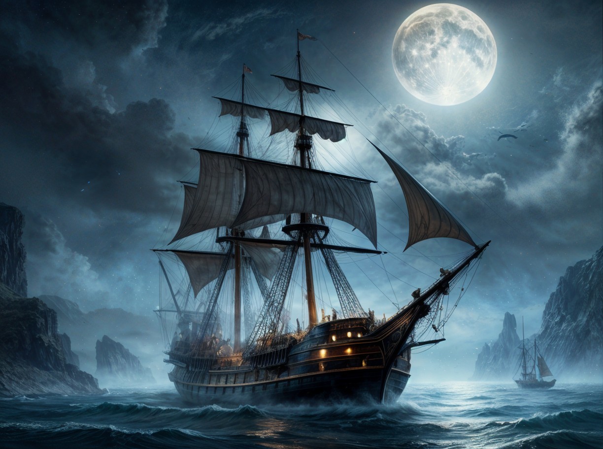 Sailing Ship in Stormy Seas Under Full Moonlight