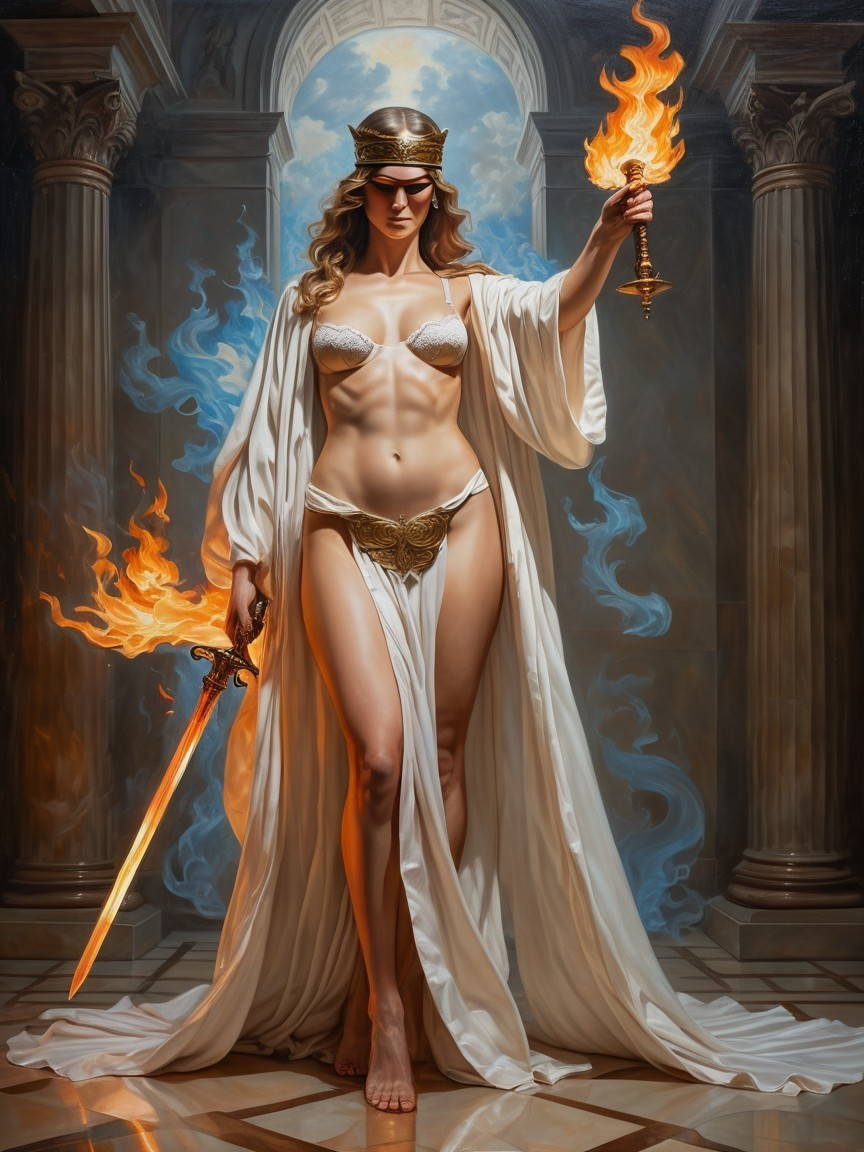 Powerful figure in white gown with torch and sword
