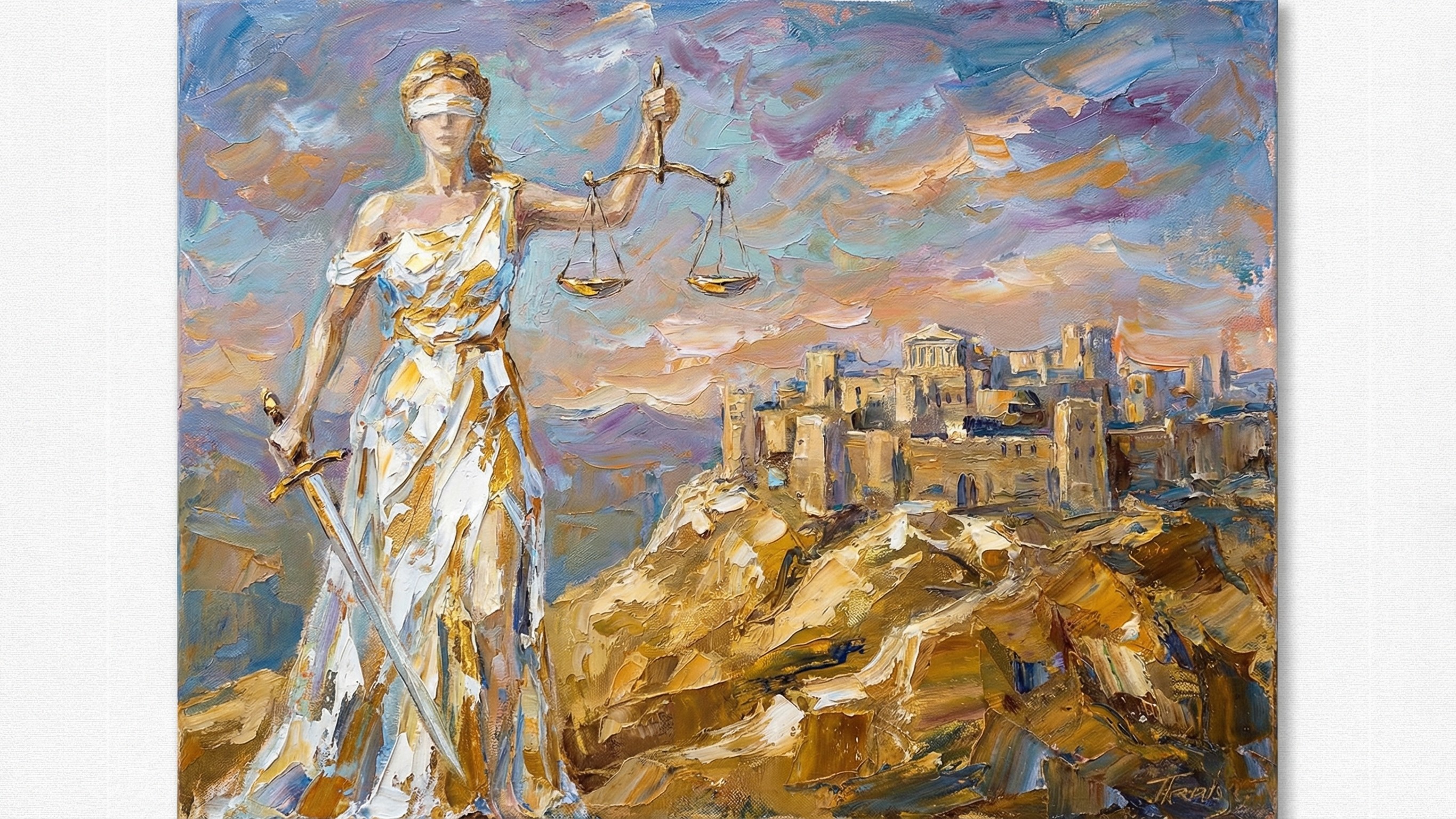 Impressionistic Painting of Lady Justice and Cityscape